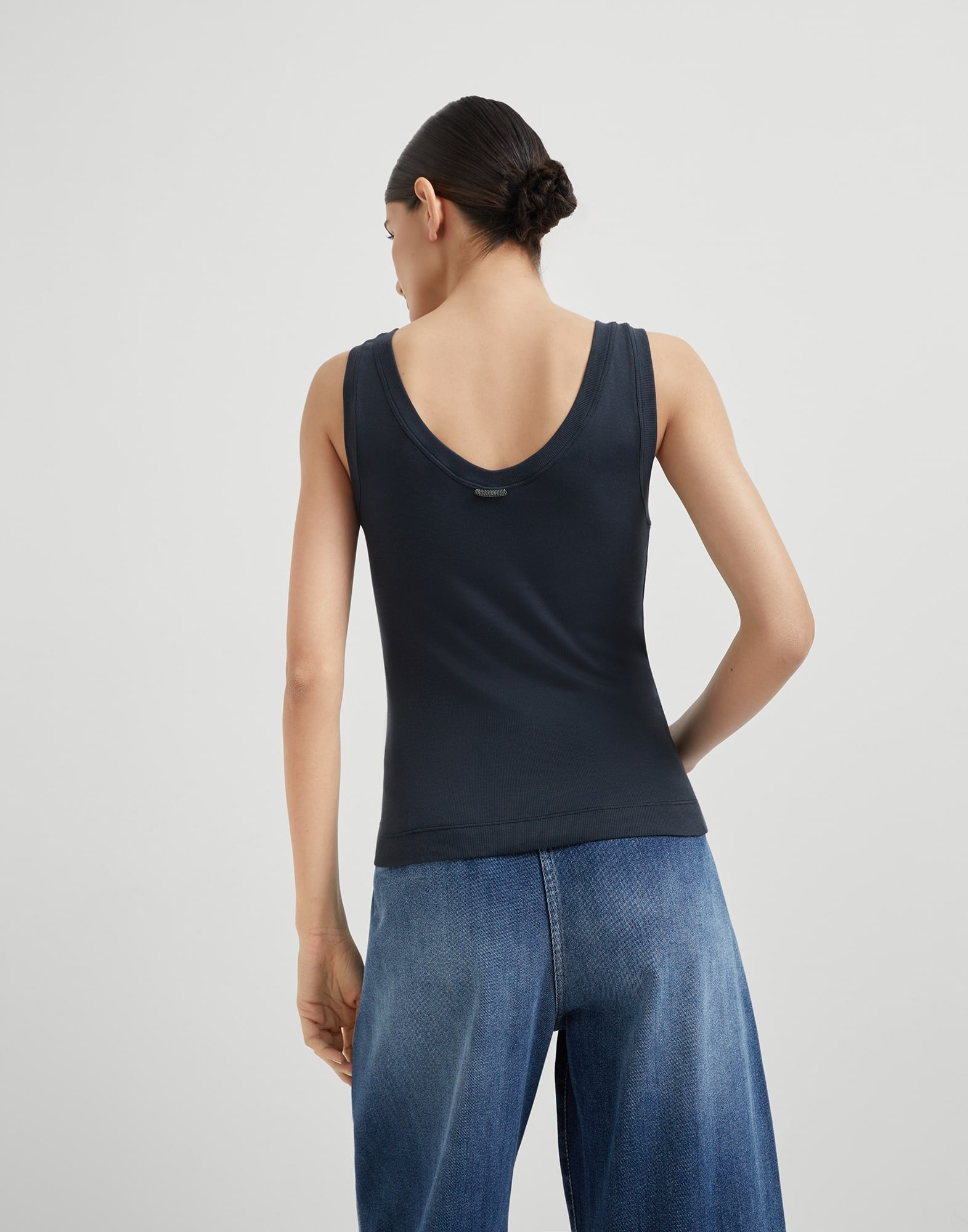 Stretch cotton ribbed jersey top with monili - 2