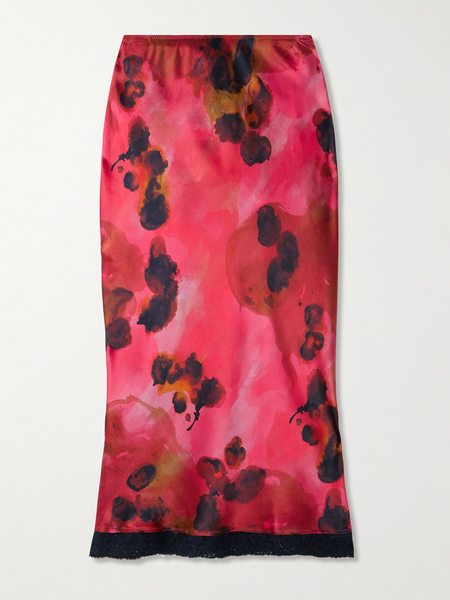 Lace-trimmed floral-print silk-satin midi skirt Red - 1