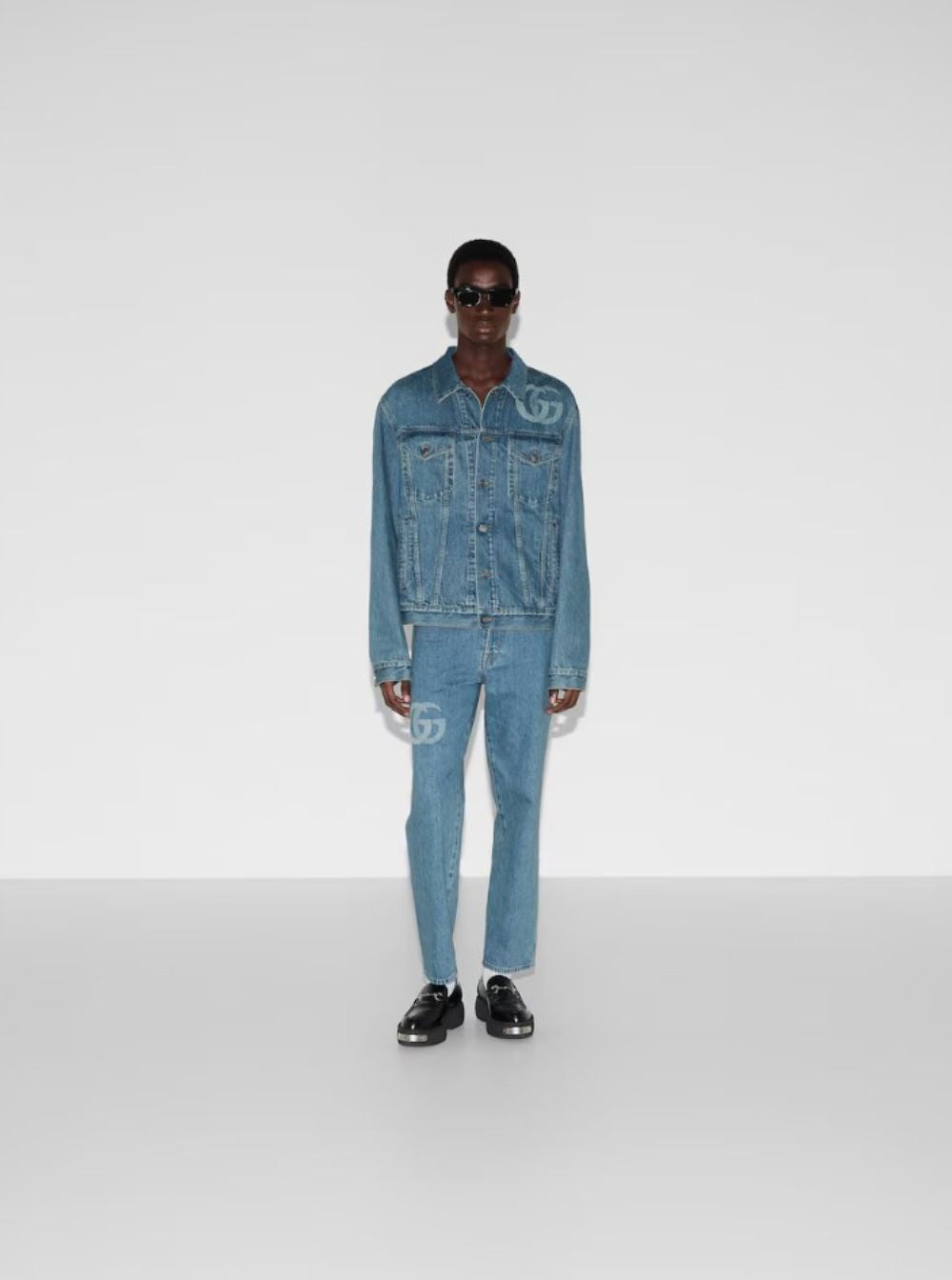 Gucci Men Light Blue Jacket With Gg Logo Print On The Front In Denim Man - 4