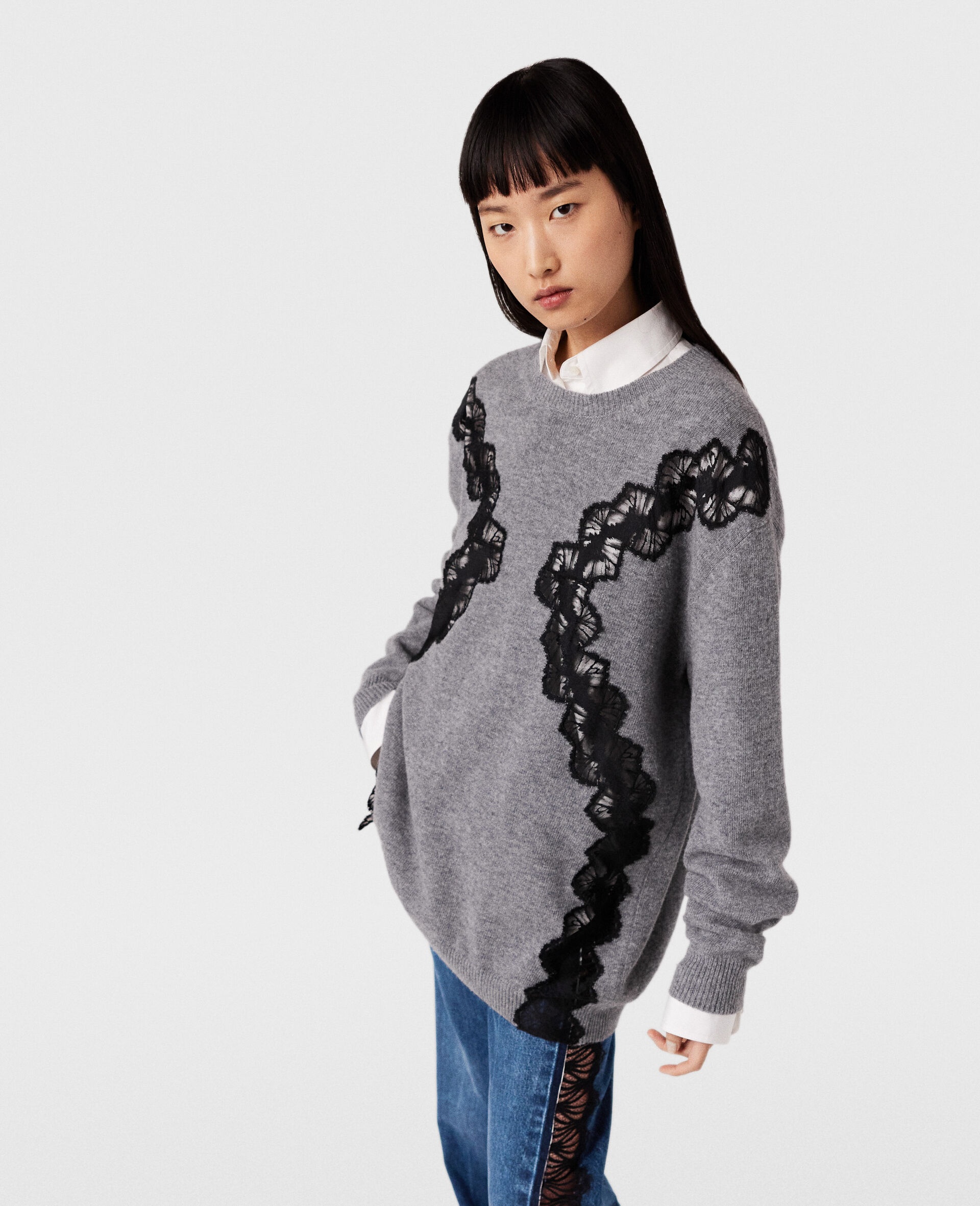 Lace Insert Long Sleeve Sweater - 5