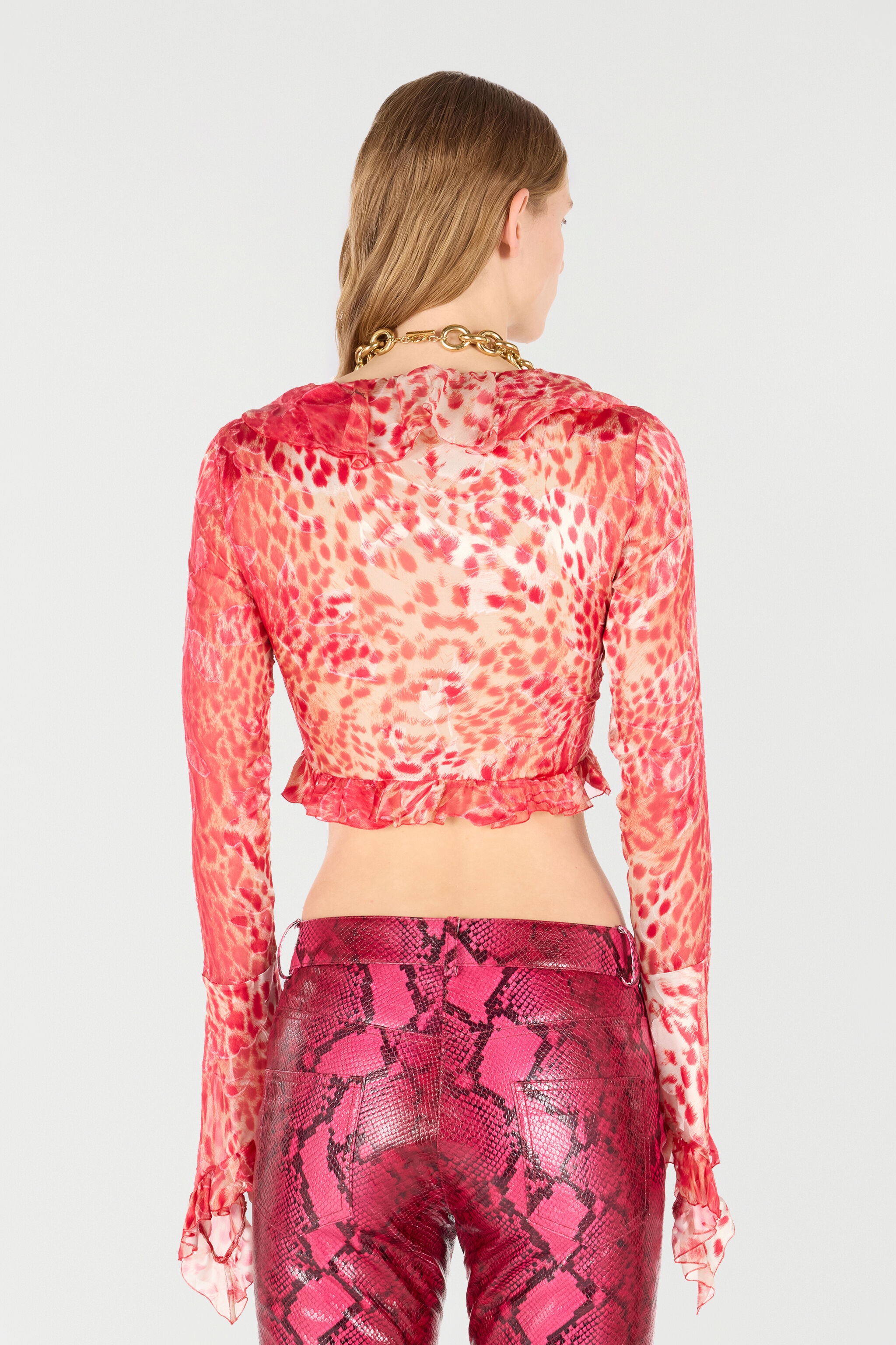 Crop Top With Ruffle And Jaguar Skin Print - 4