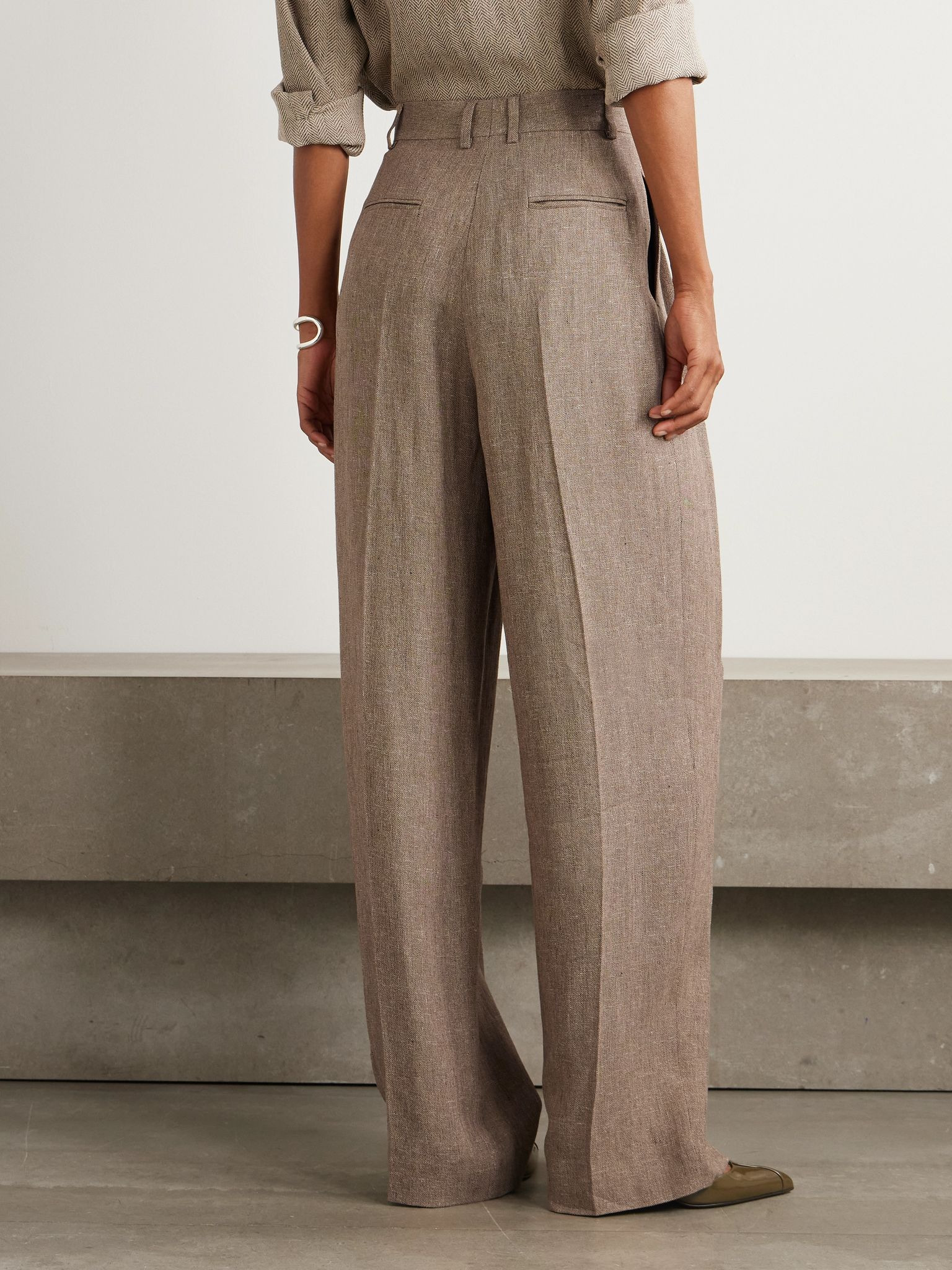 Kurt pleated linen wide-leg pants Brown - 3