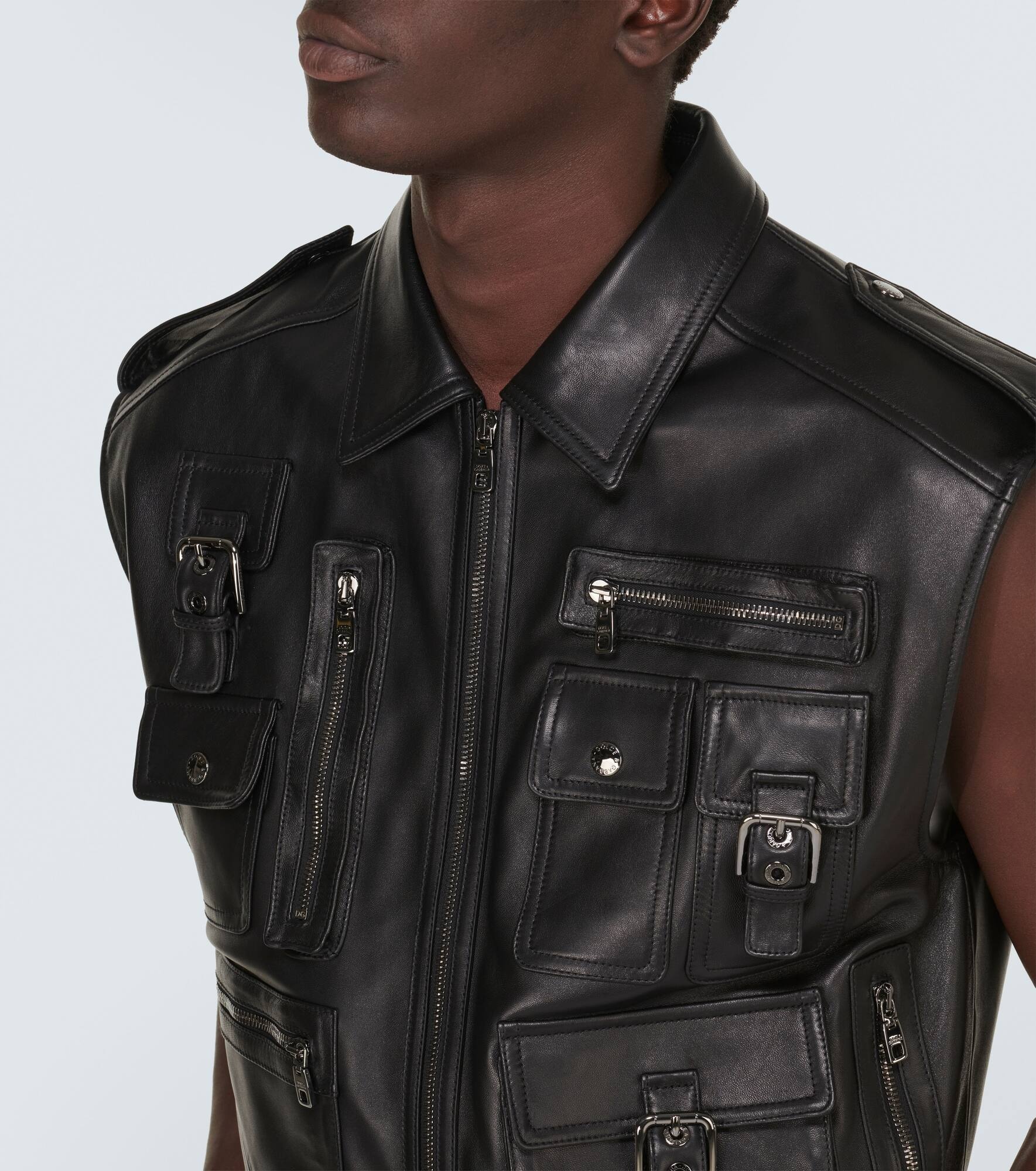 Pocket-detail sleeveless leather jacket - 5