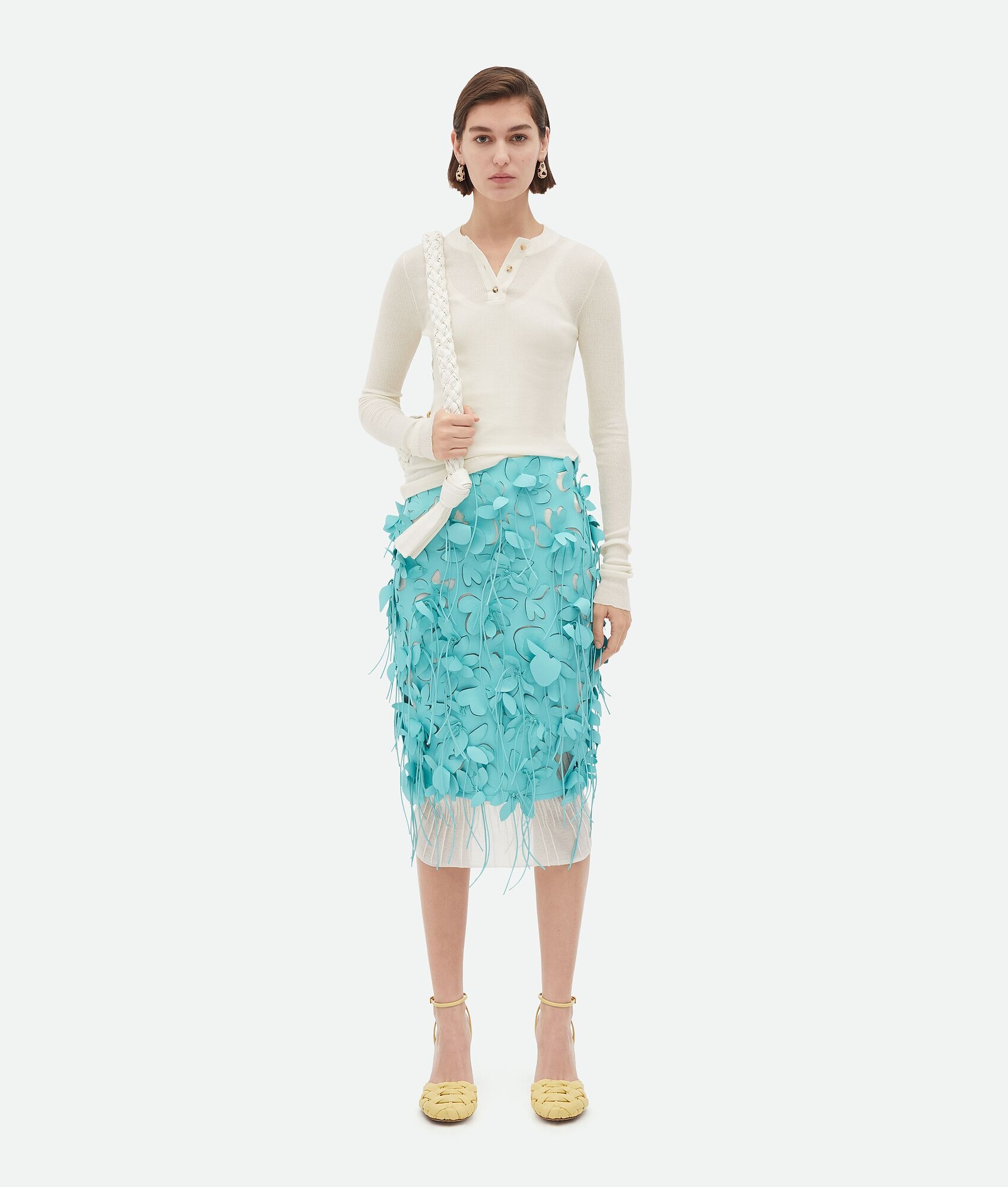 Double Layer Embroidered Leather Midi Skirt - 1