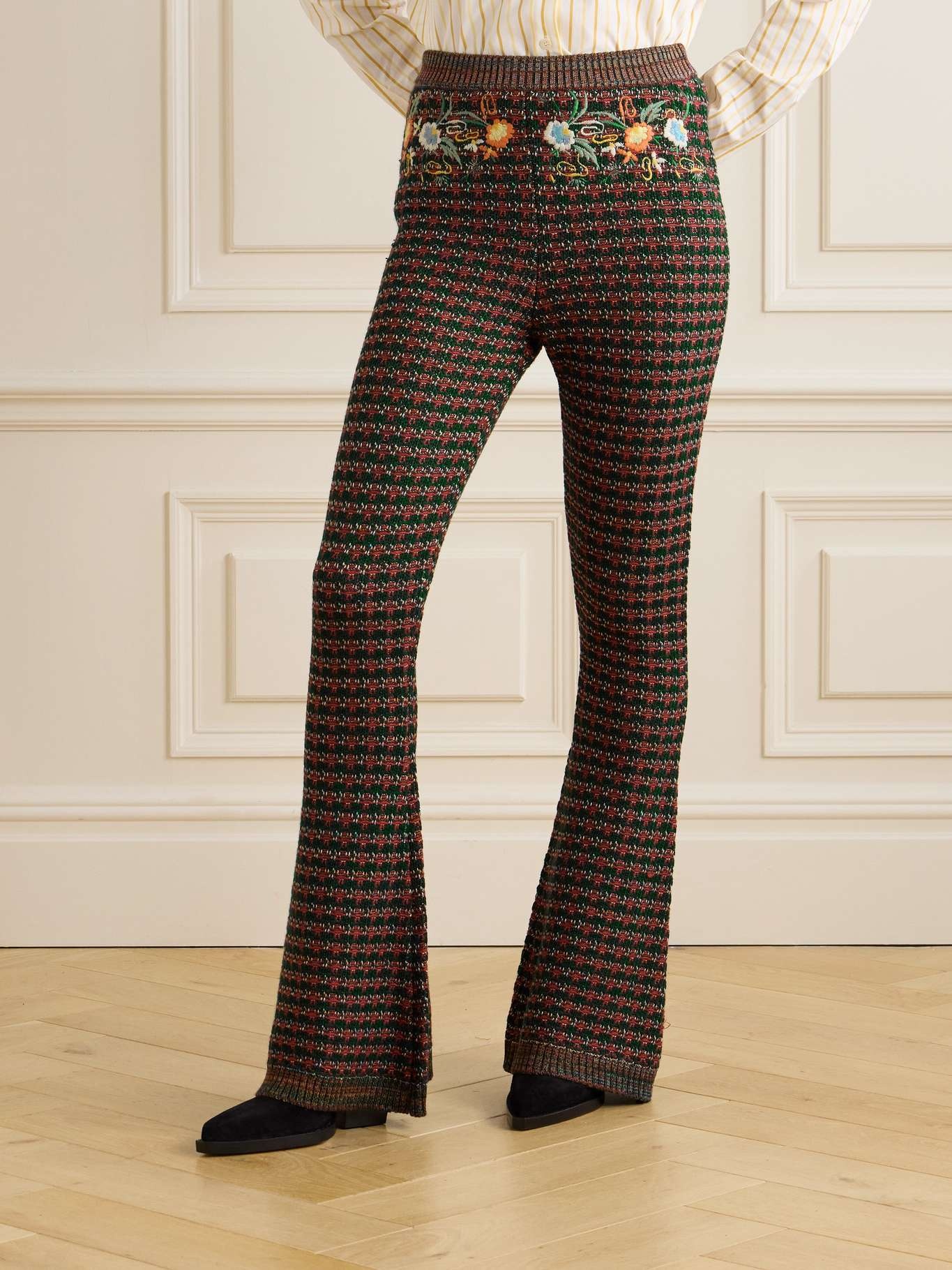 Embroidered jacquard-knit bootcut pants - 3
