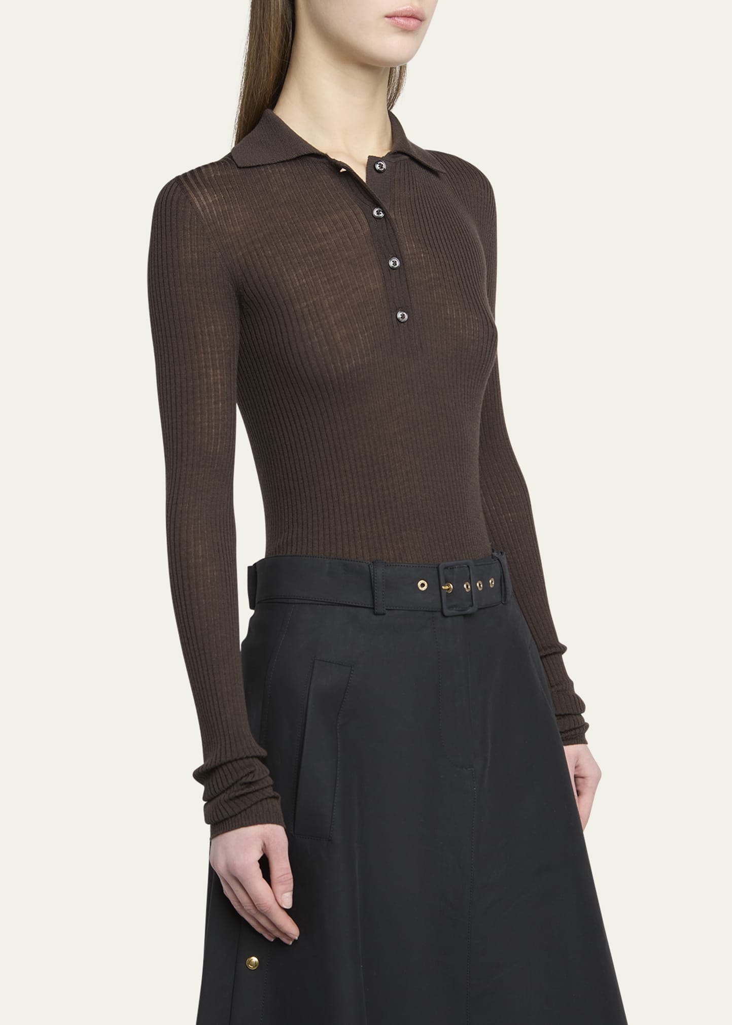 Long-Sleeve Fine Rib Polo Top - 4