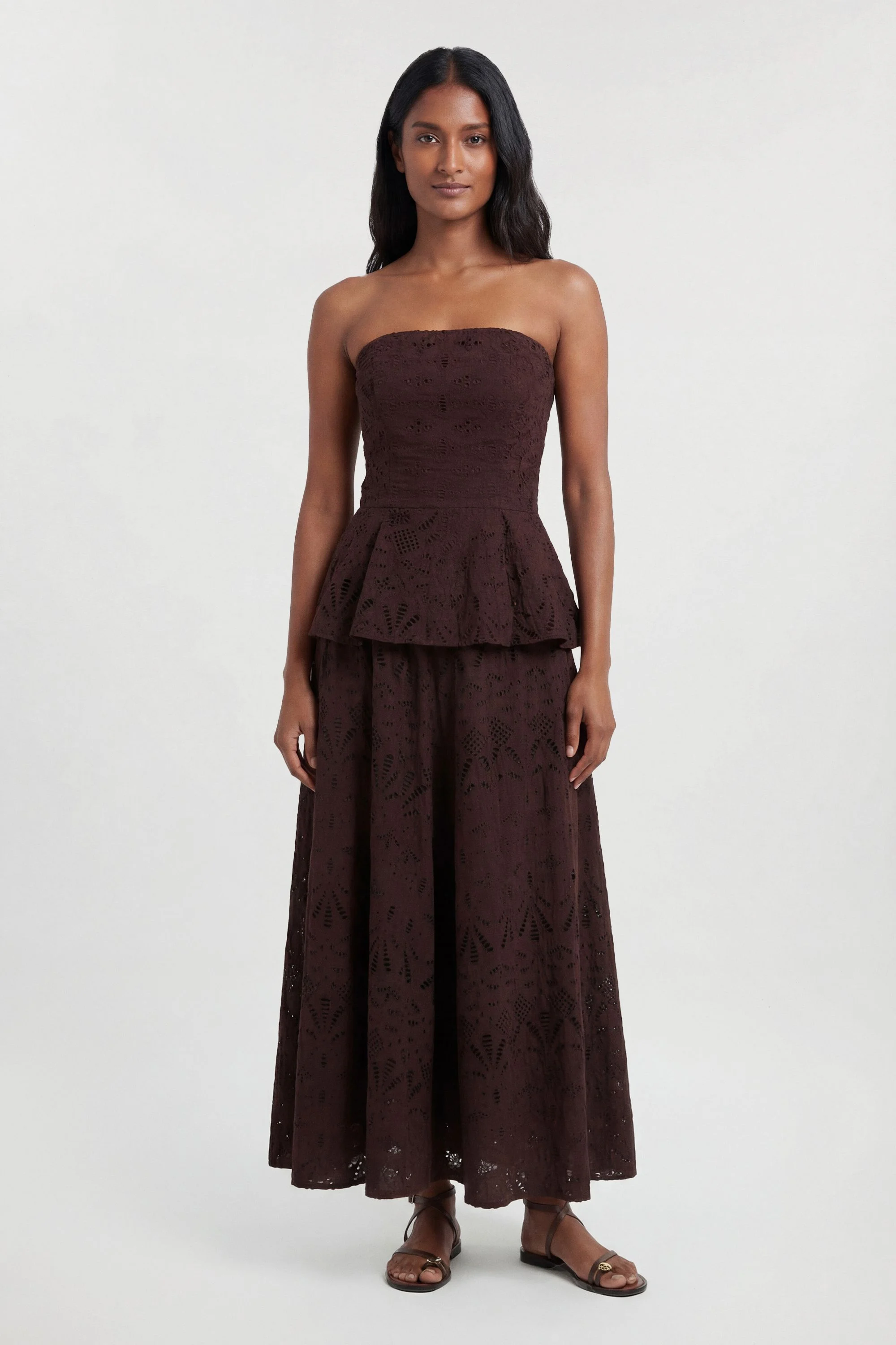 Cotton Broderie Peplum Bandeau Midi Dress - 1