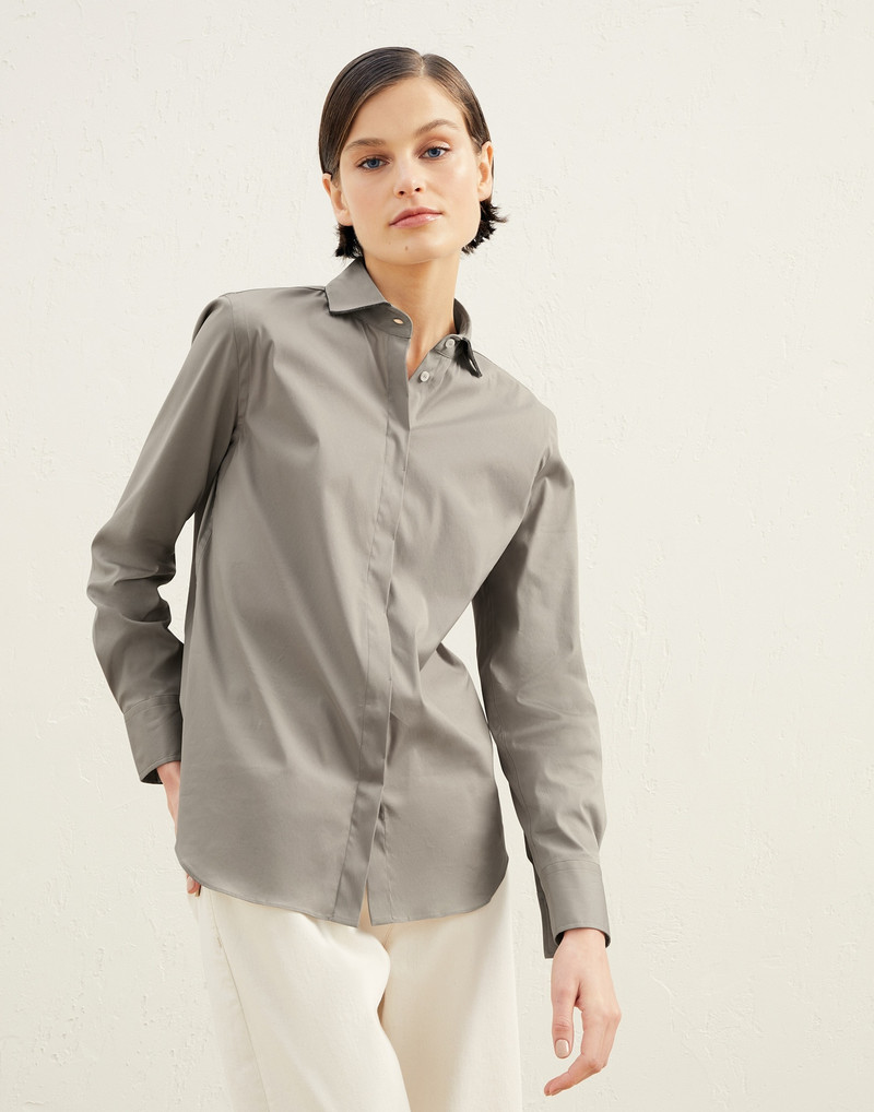 Stretch cotton poplin shirt with shiny collar trim - 1