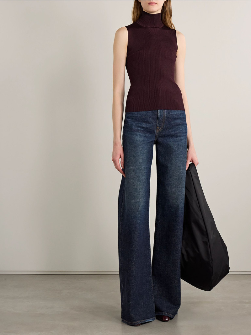 KHAITE Benita ribbed-knit turtleneck top Burgundy outlook