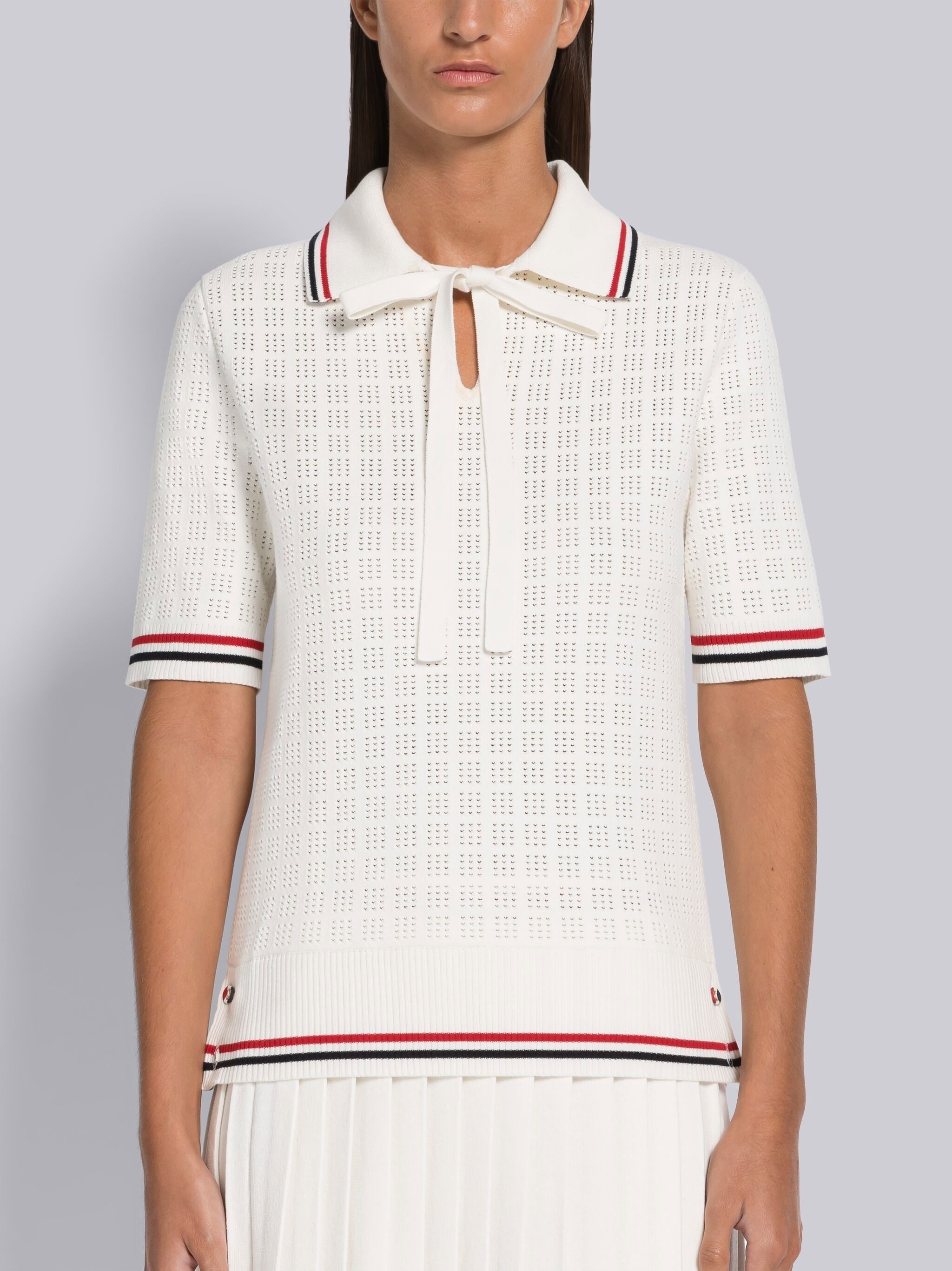 Grid Stitch Pointelle Stripe Keyhole Polo - 1