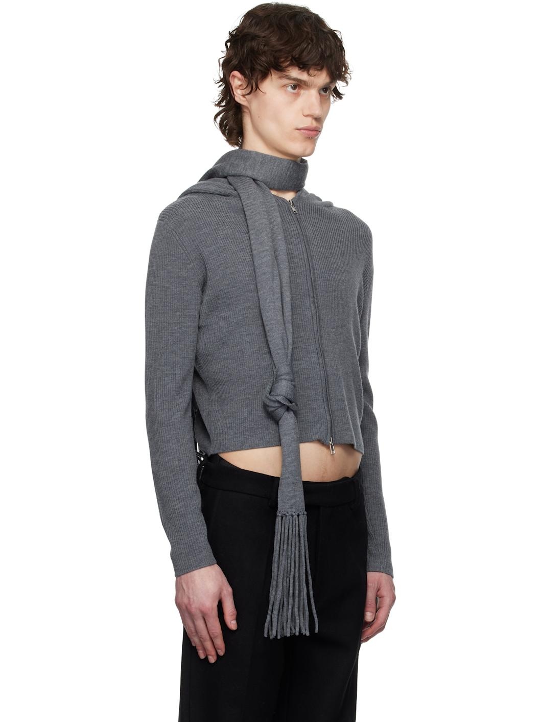 Gray Knitted Scarf & Hoodie Set - 2