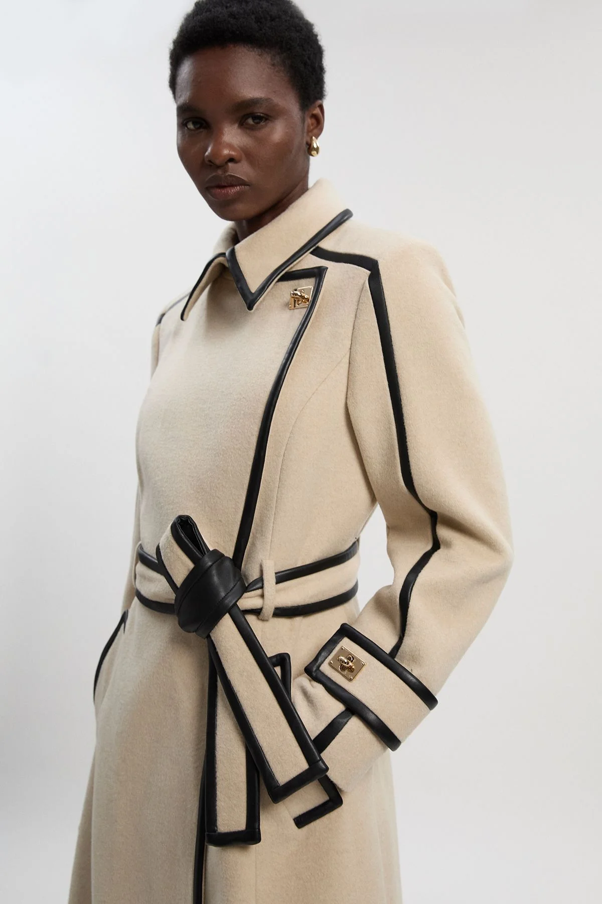 Brushed Wool Pu Trim Belted Tailored Double Breasted Midi Coat - 1
