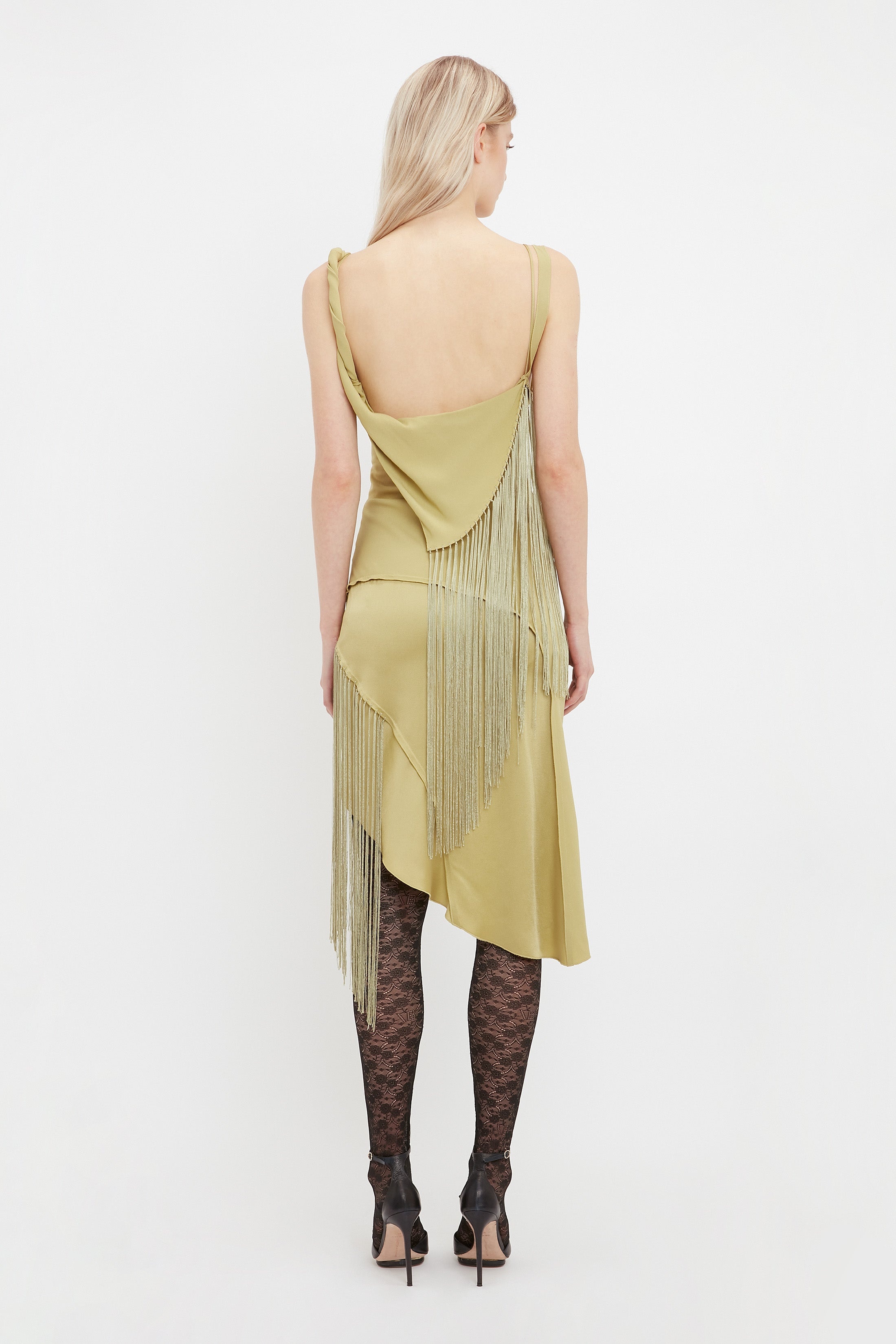 Victoria Beckham Asymmetric Fringe Mini Dress In Pear Green