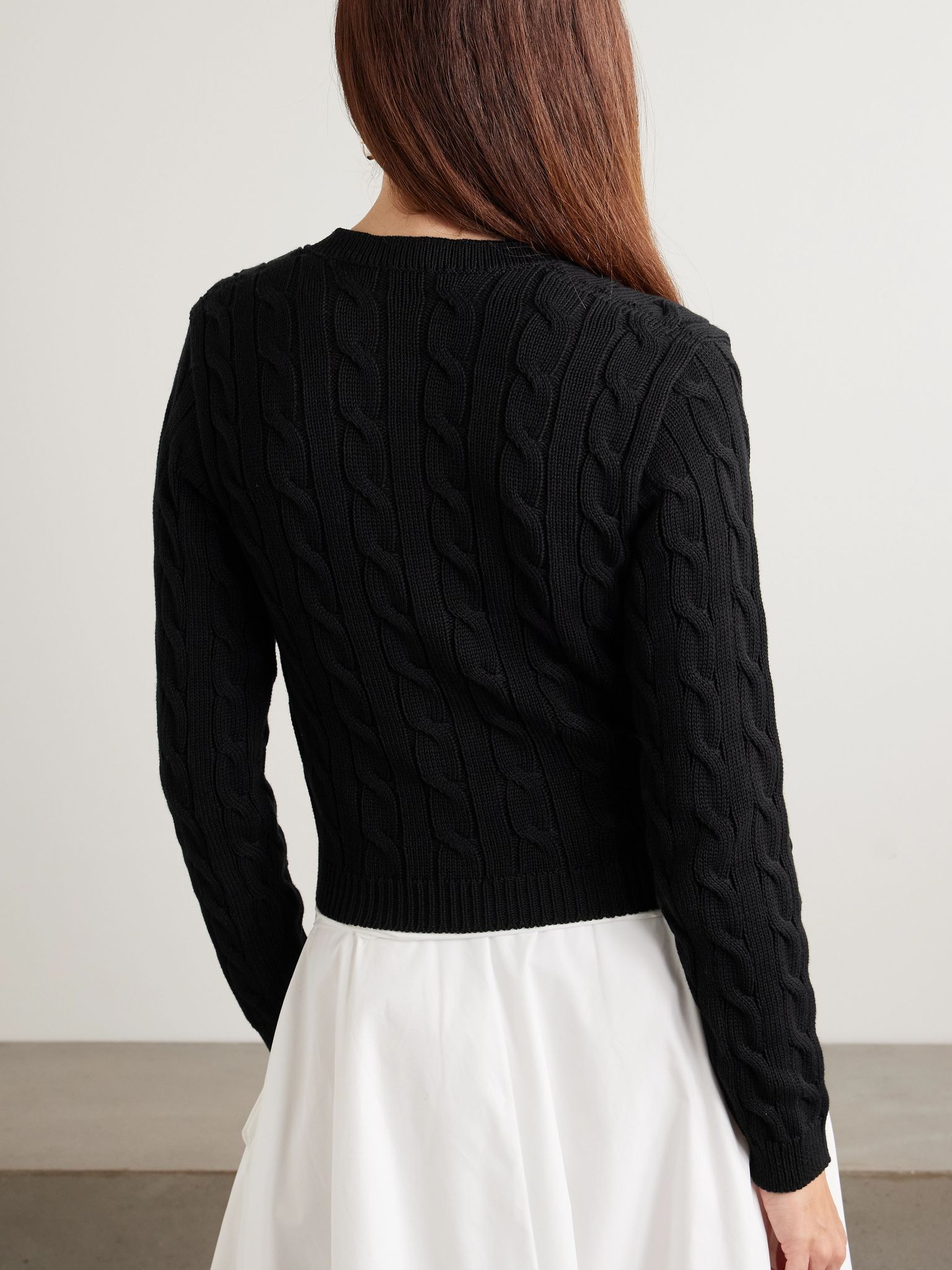 Embroidered cable-knit cotton cardigan Black - 3