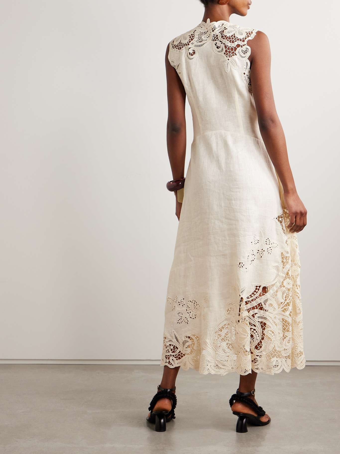 Olivette guipure lace-trimmed broderie anglaise linen midi dress White - 3