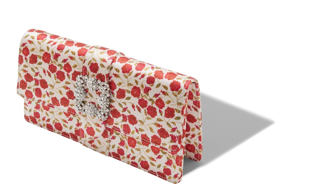 White and Red Satin Jewel Buckle Clutch - 2