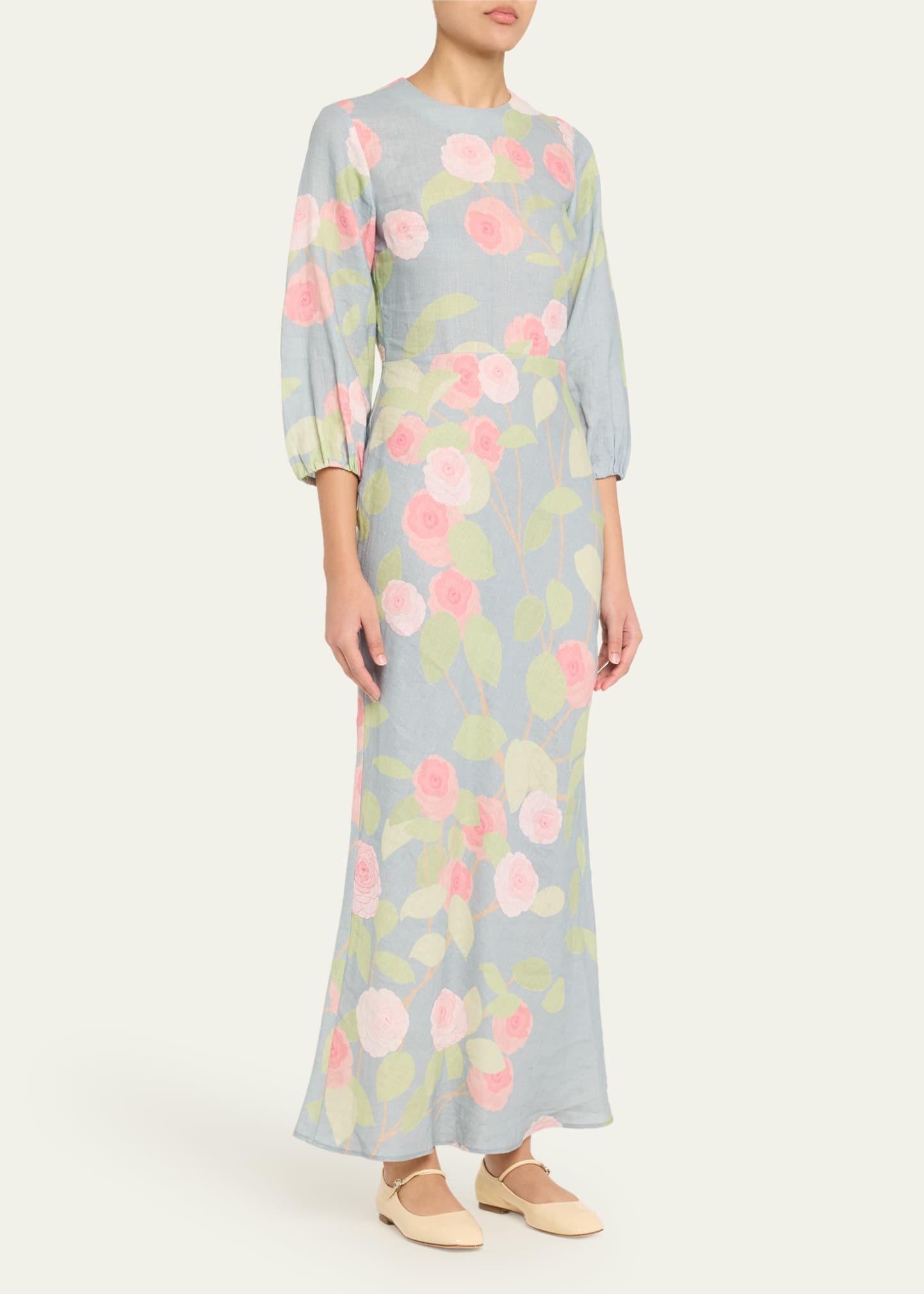 Flower Printed Linen Long Dress - 4