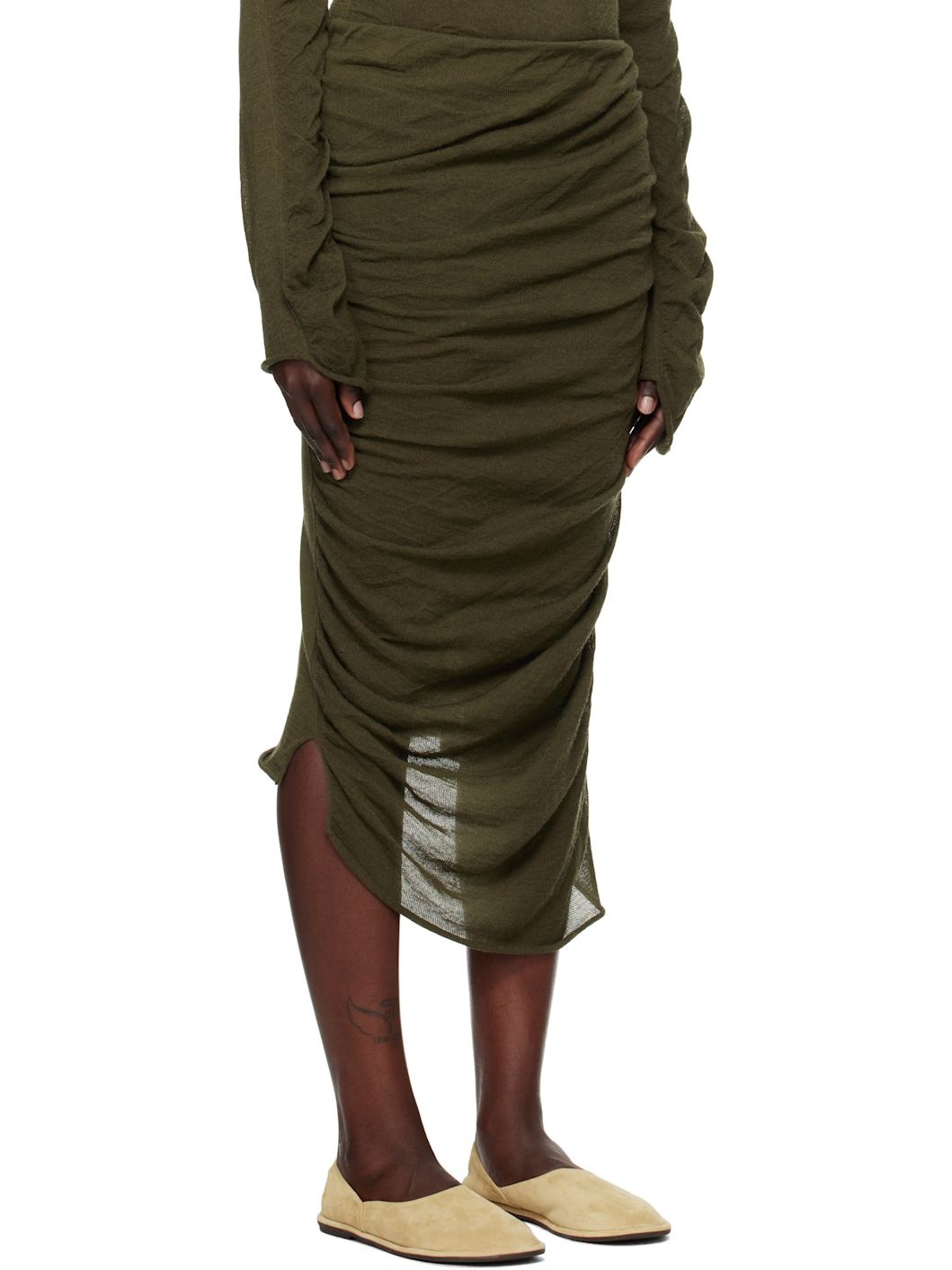 Green Ambiguous Wool Midi Skirt - 2