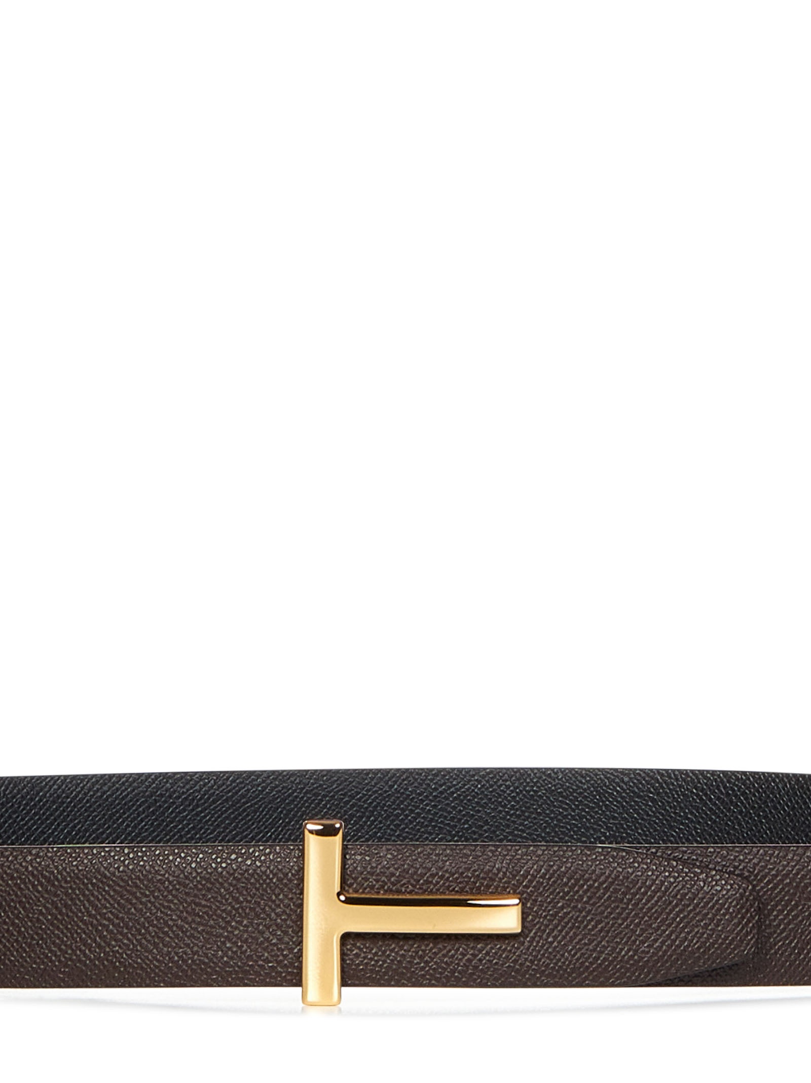 Reversible belt in brown and black grained leather with gold-tone metal T buckle. - 2