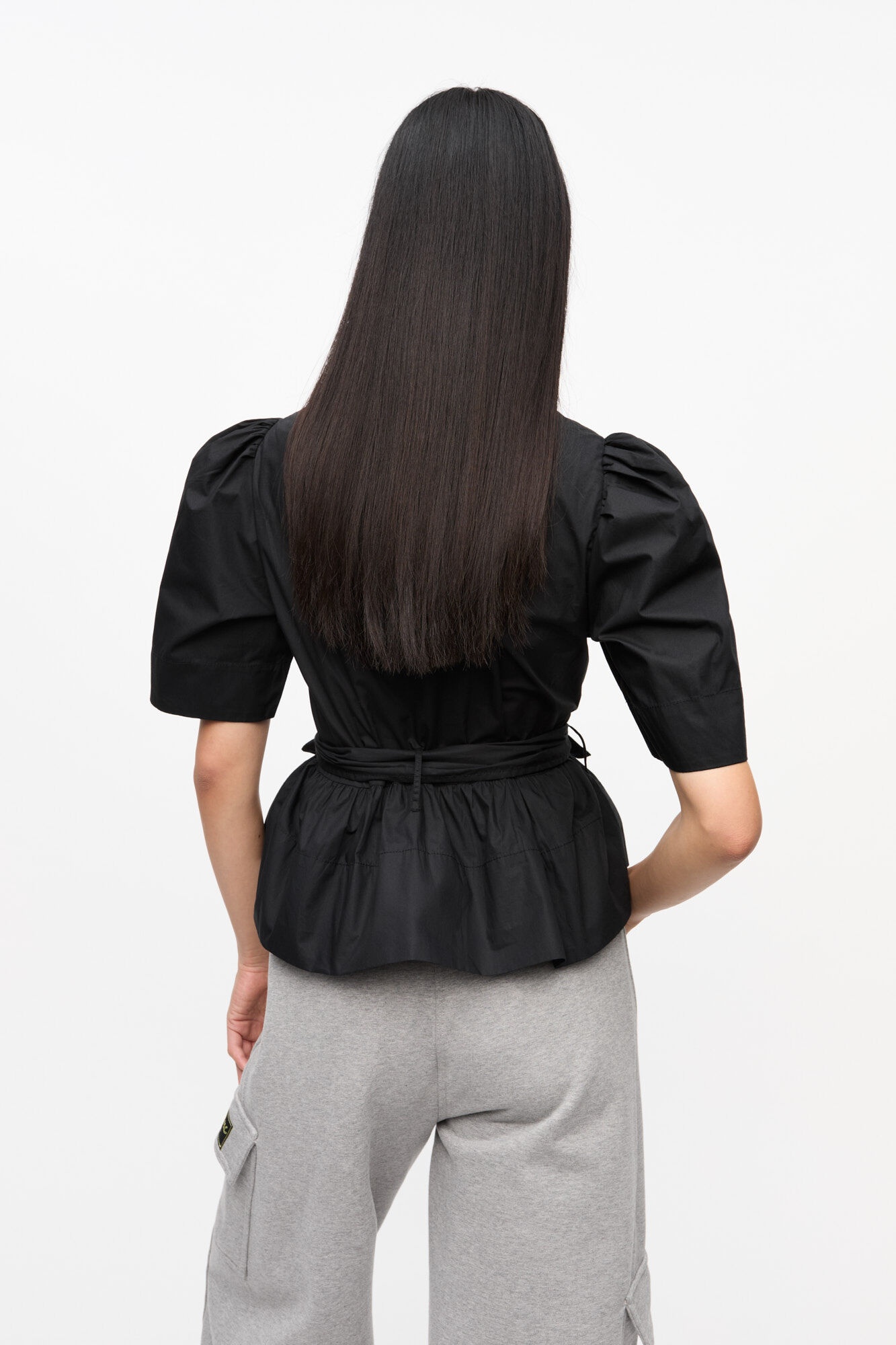 BLACK WASHED STRETCH COTTON TIE STRAP BLOUSE - 3