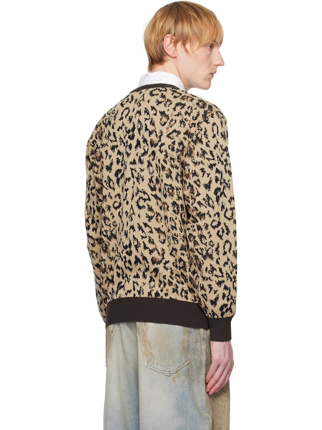 Beige Leopard Jacquard Knit Cardigan - 3