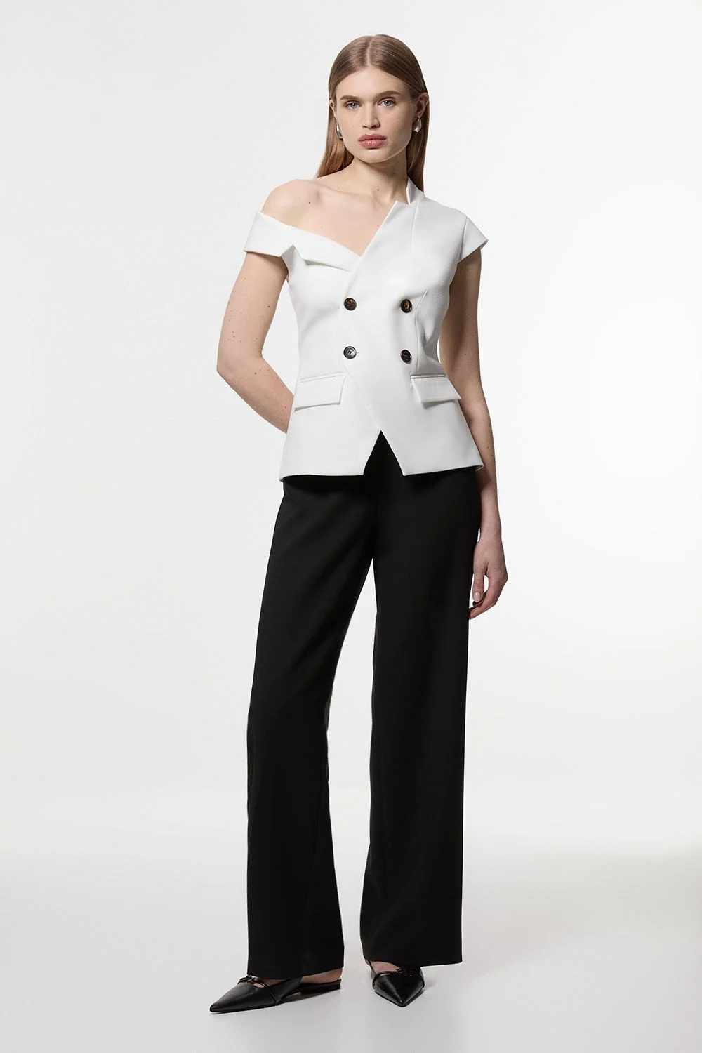 Compact Stretch Asymmetric Collar Wide Leg Tailored Jumpsuit - 1