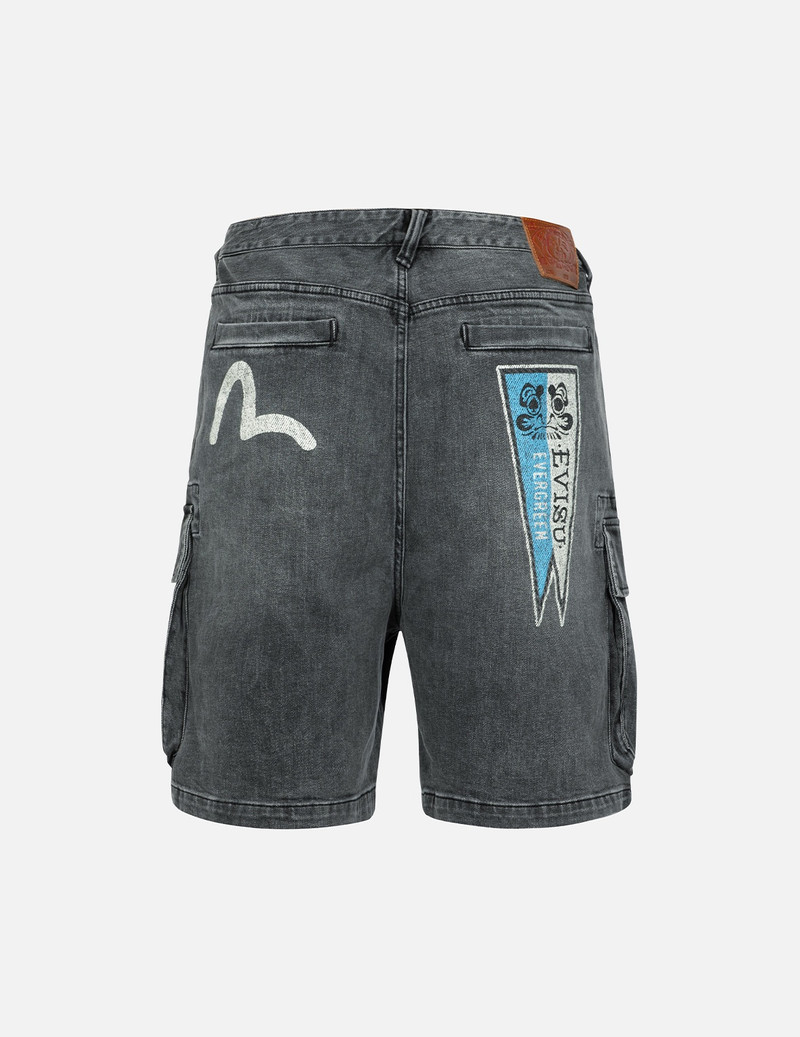 EVISU SEAFULL AND LOGO FLAG PRINT FASHION FIT DENIM CARGO SHORTS outlook