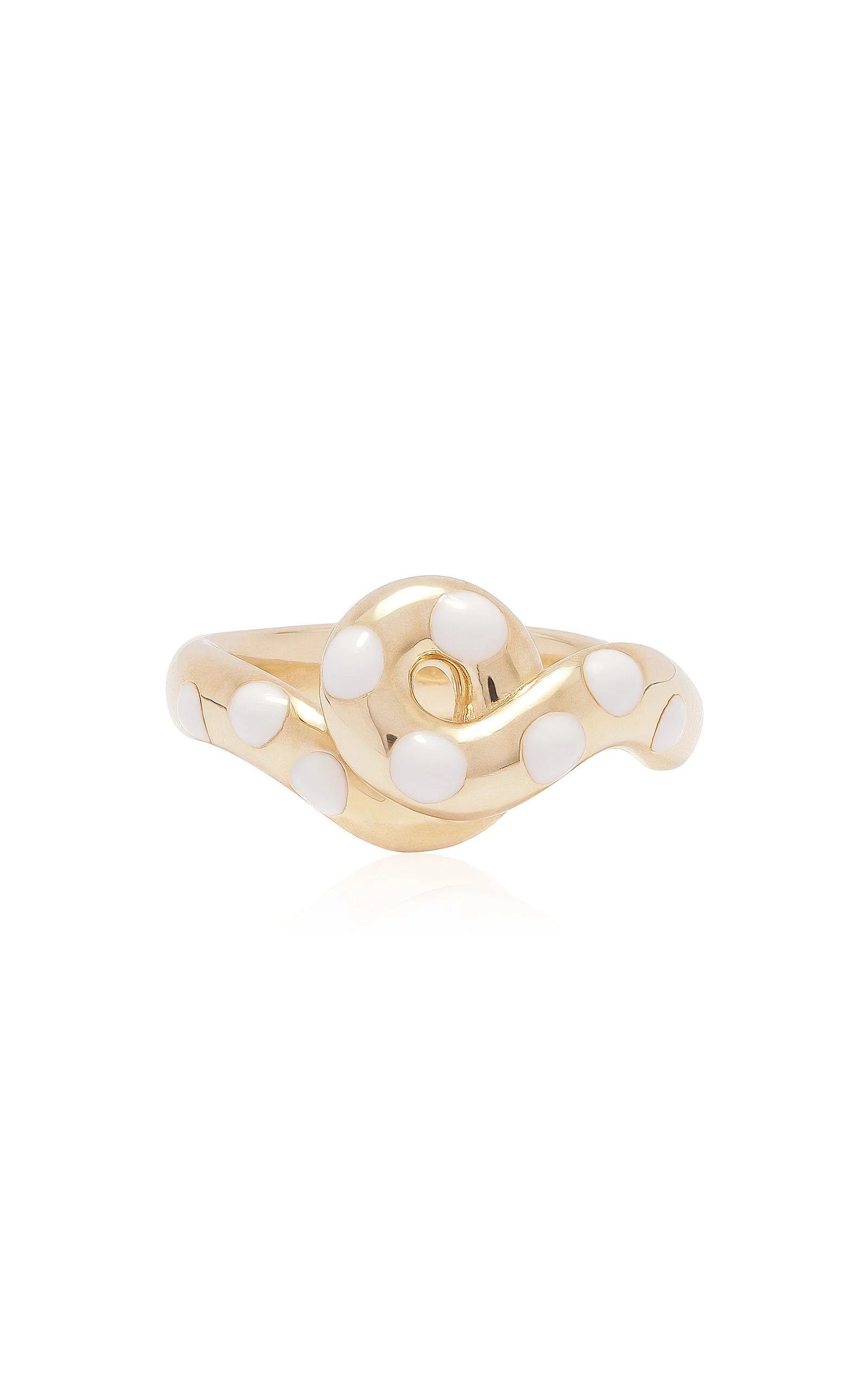 9k Yellow Gold Chunky Wave Polka Dots Ring in White white - 1