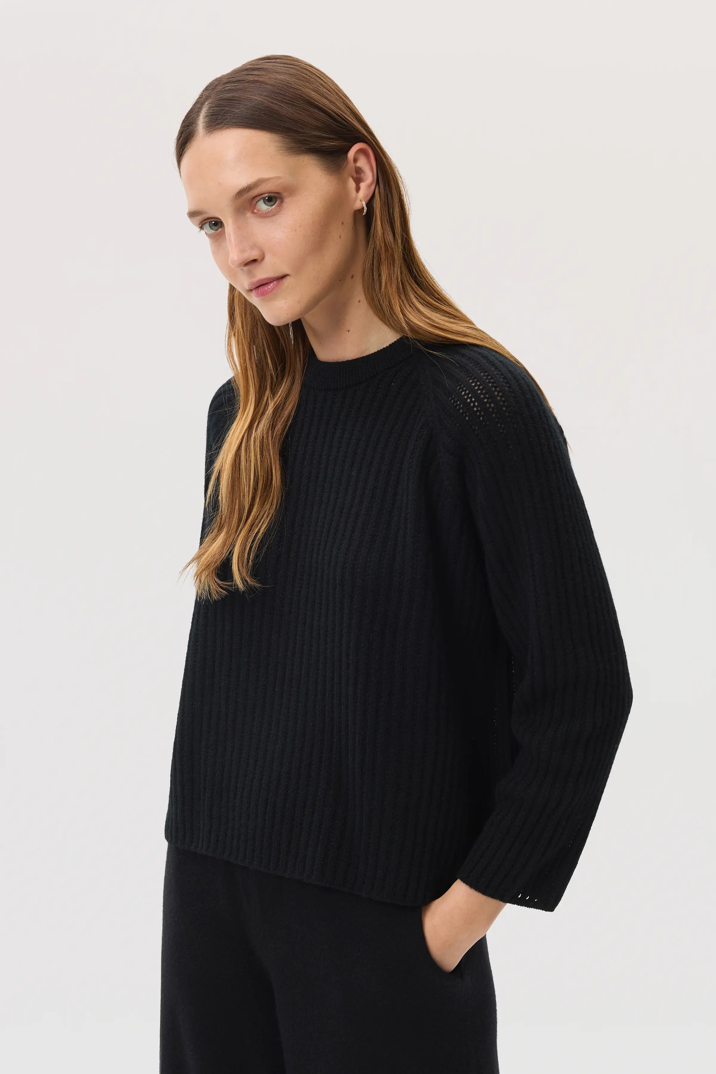 Mesh Rib Cashmere Black Jumper - 4