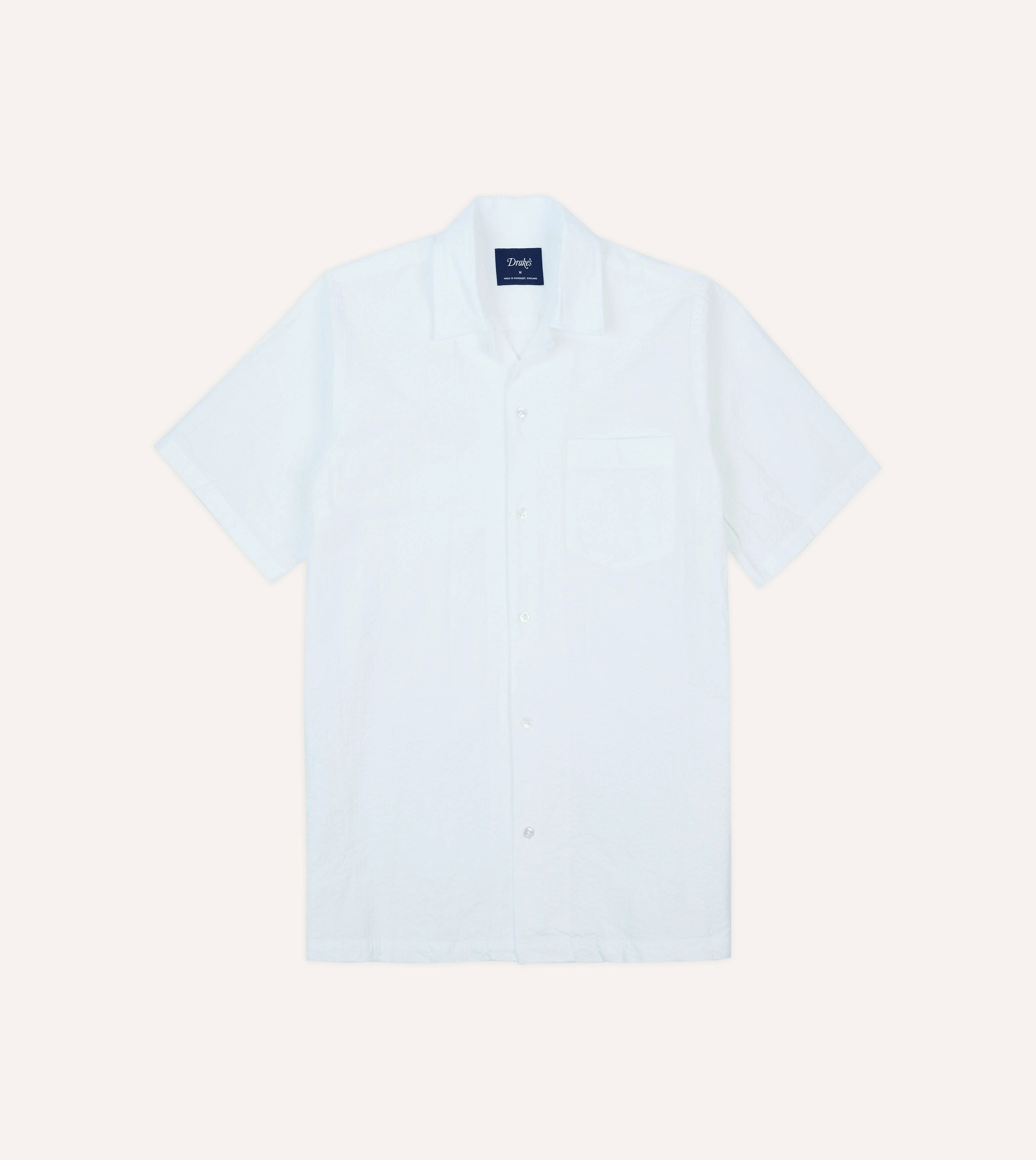 White Cotton-Linen Seersucker Camp Collar Short Sleeve Shirt - 1