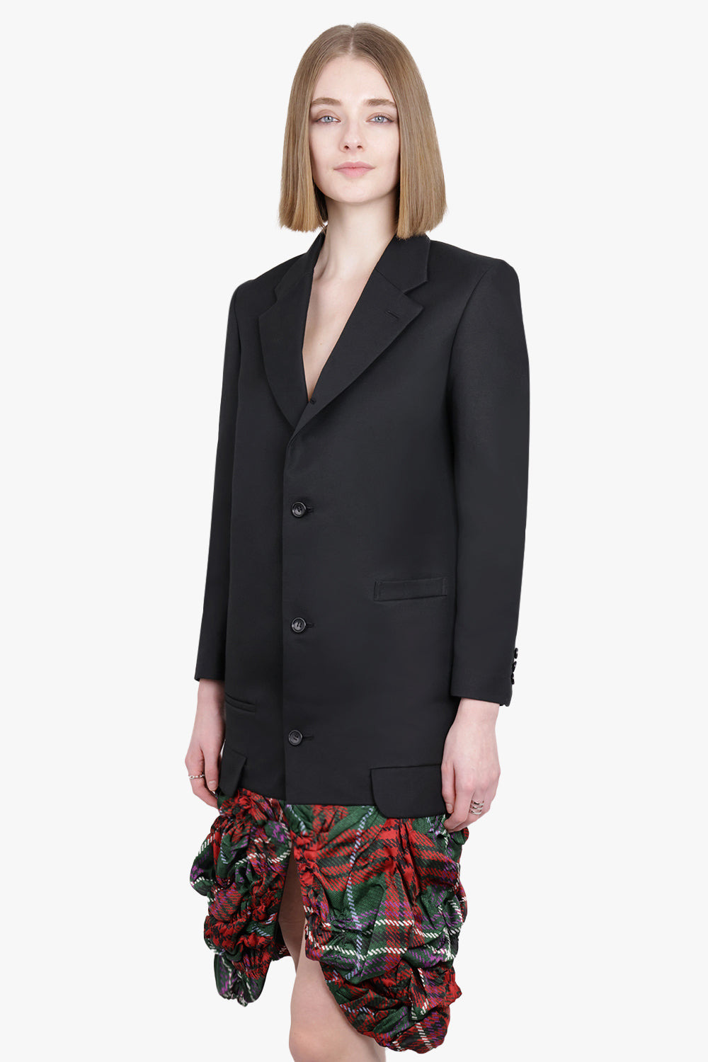 TWO TONE COAT WITH CHECK PRINT RUFFLE HEM | BLACK/TARTAN - 2