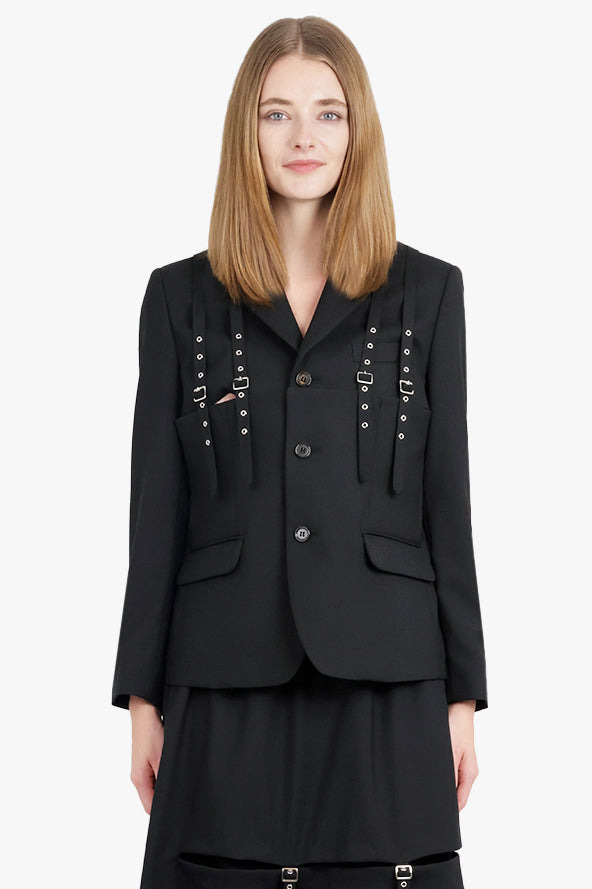 SINGLE BREASTED SUSPENDER DETAIL JACKET | BLACK - 3