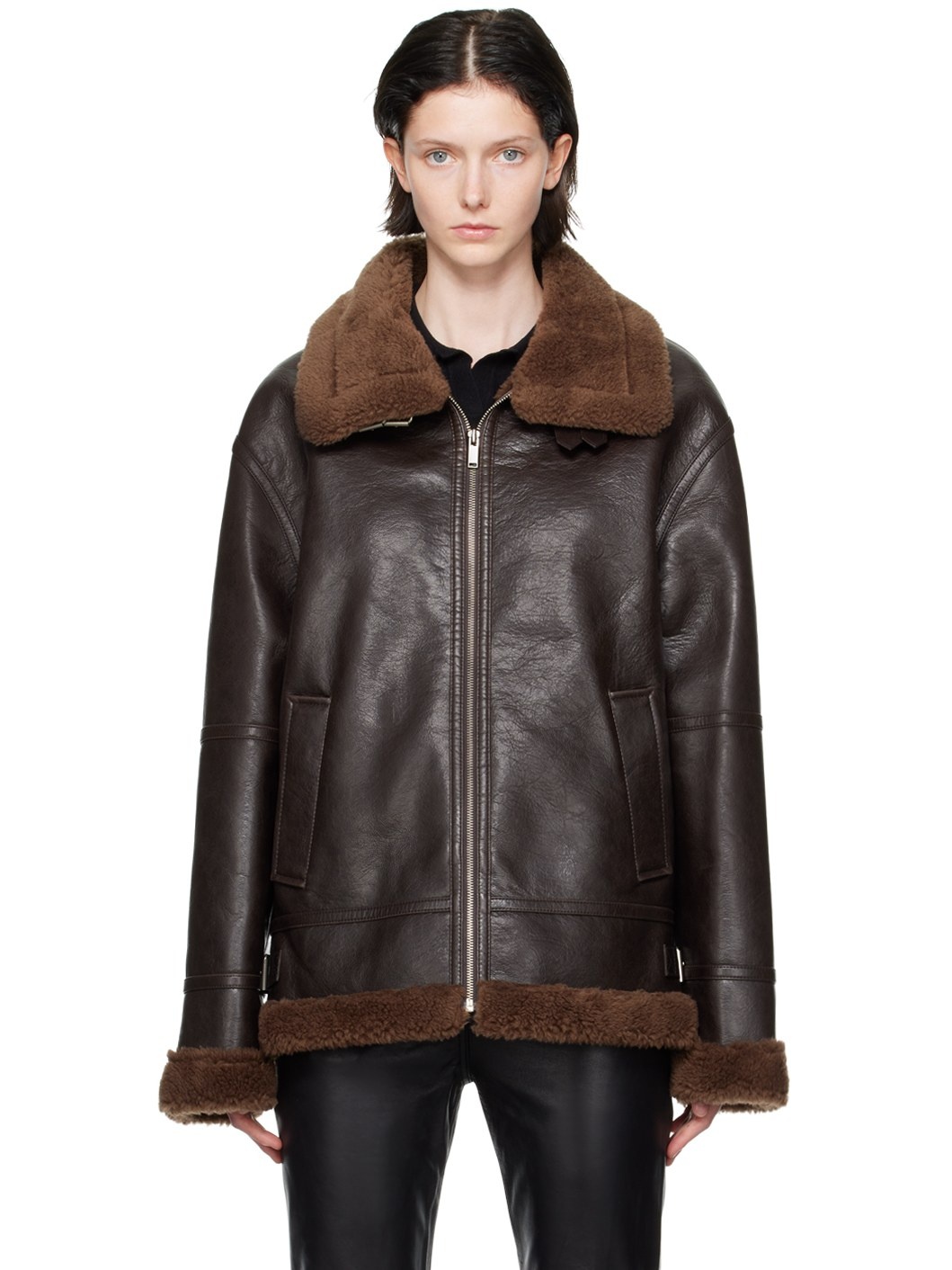 Brown Pin-Buckle Faux-Shearling Jacket - 1
