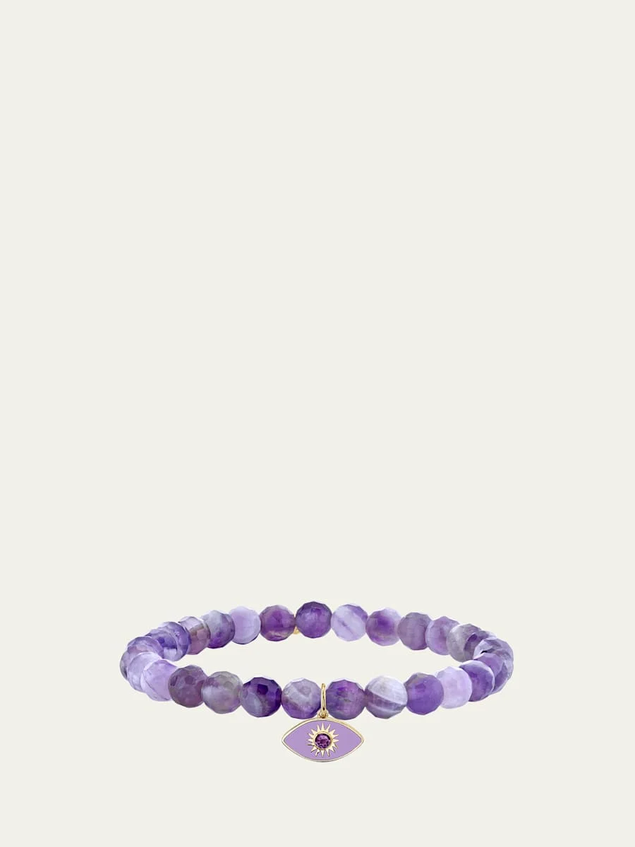 14K Sunburst Amethyst Evil Eye on Beaded Stretch Bracelet - 1