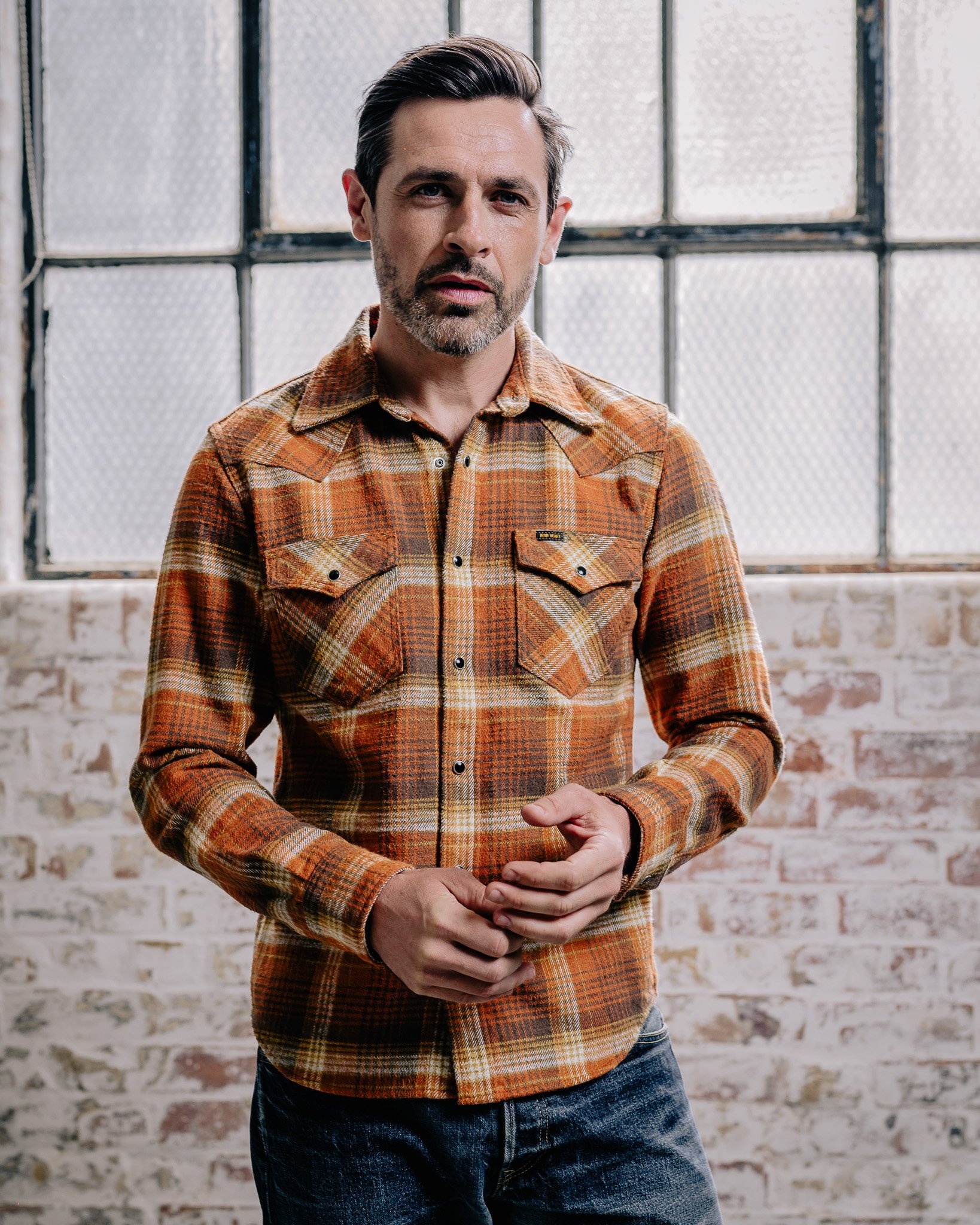 IHSH-399-ORA 12oz Slubby Heavy Flannel Check Western Shirt - Orange - 4