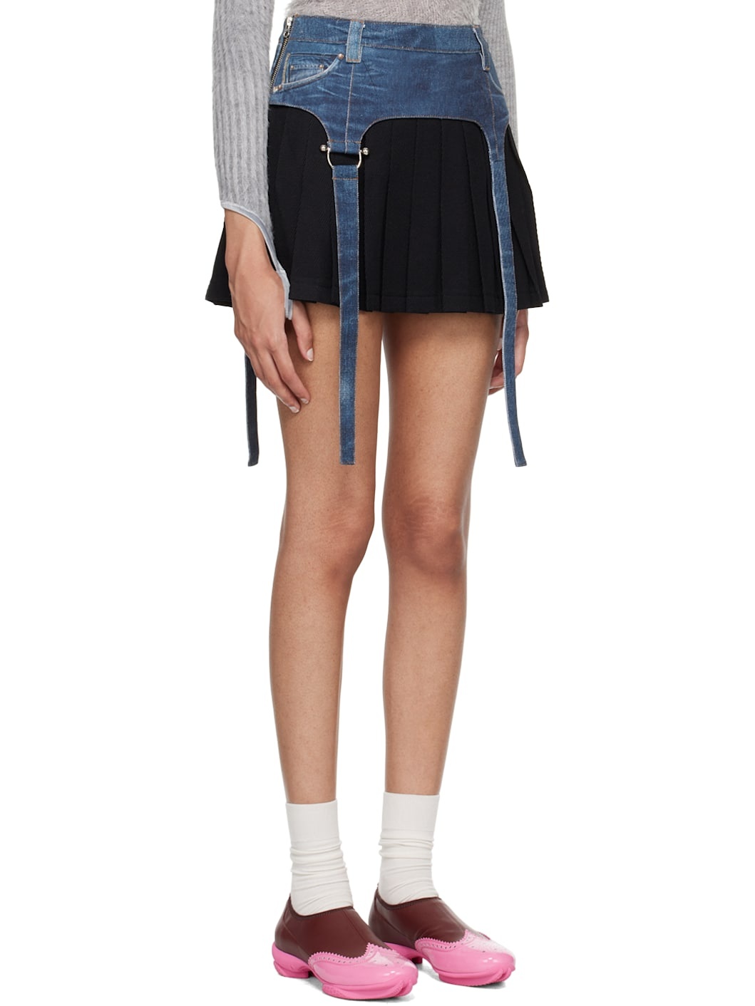 Blue & Black Trompe L'œil Pleats Miniskirt - 2