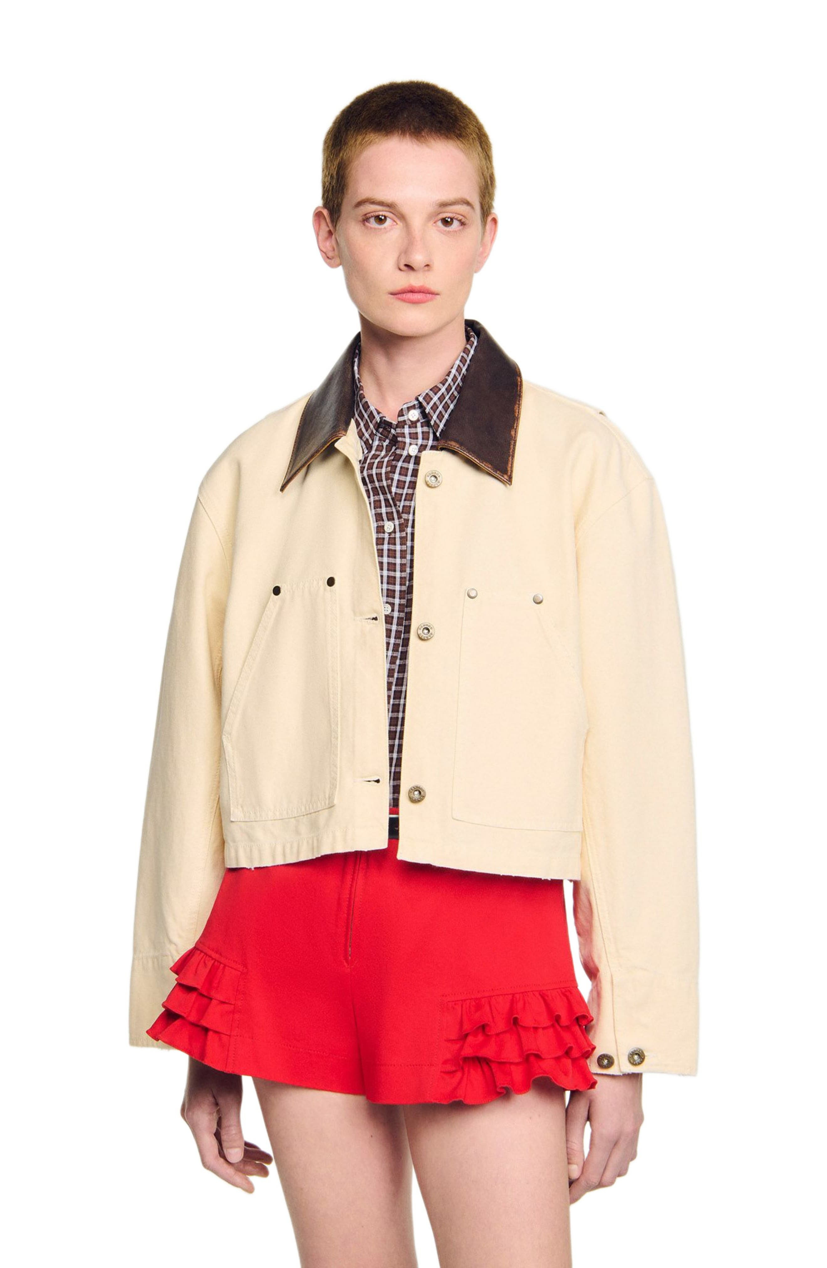 SANDRO Leather collar workwear jacket in Ecru at Nordstrom - 3