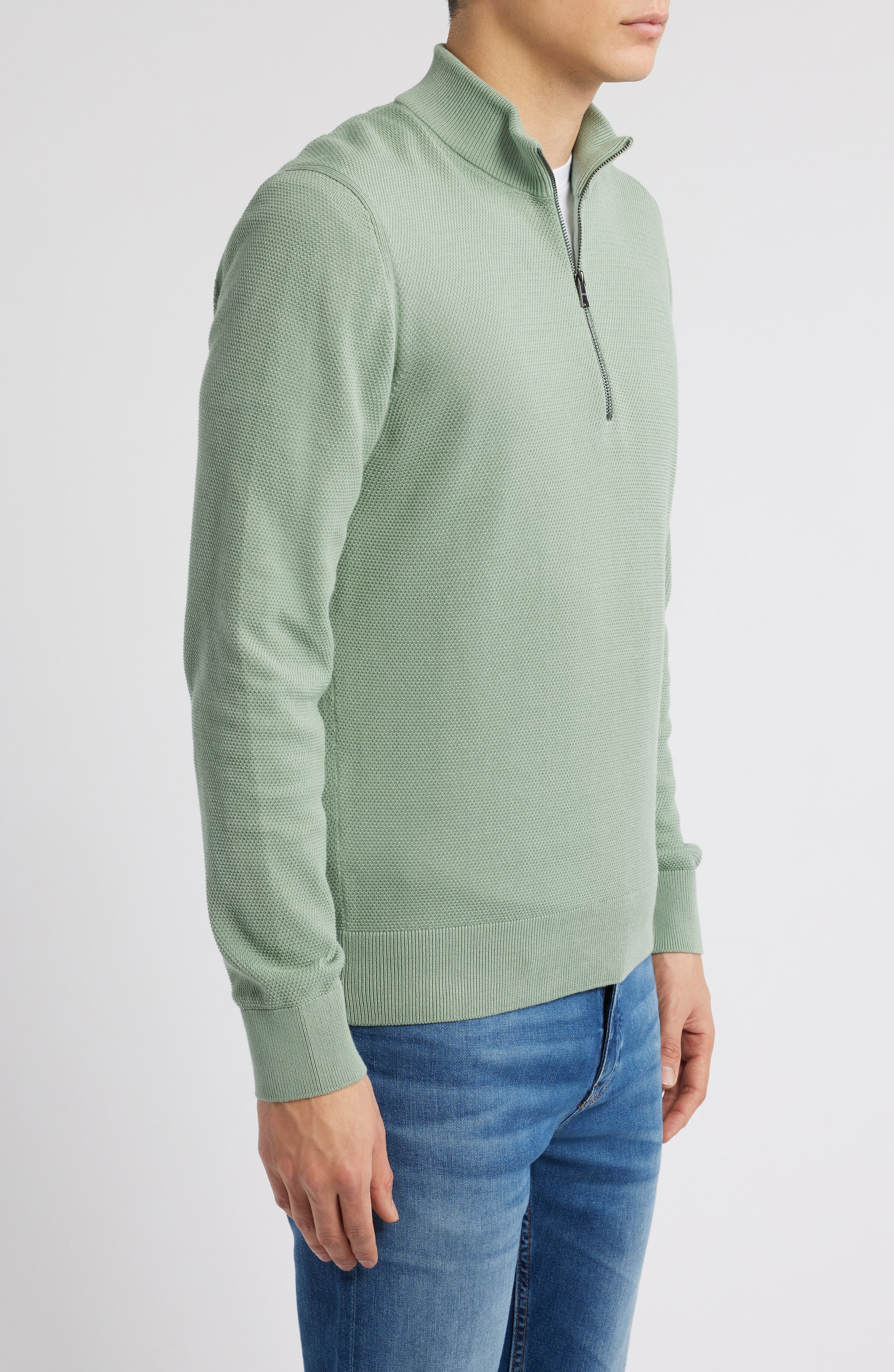 BOSS Ebrando Textured Cotton Half Zip Sweater in Light Green at Nordstrom - 3