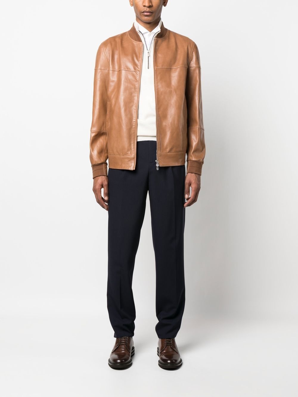 zipped leather bomber jacket - 2