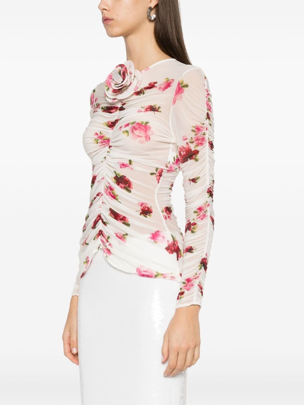 rose-appliqué ruched top - 3
