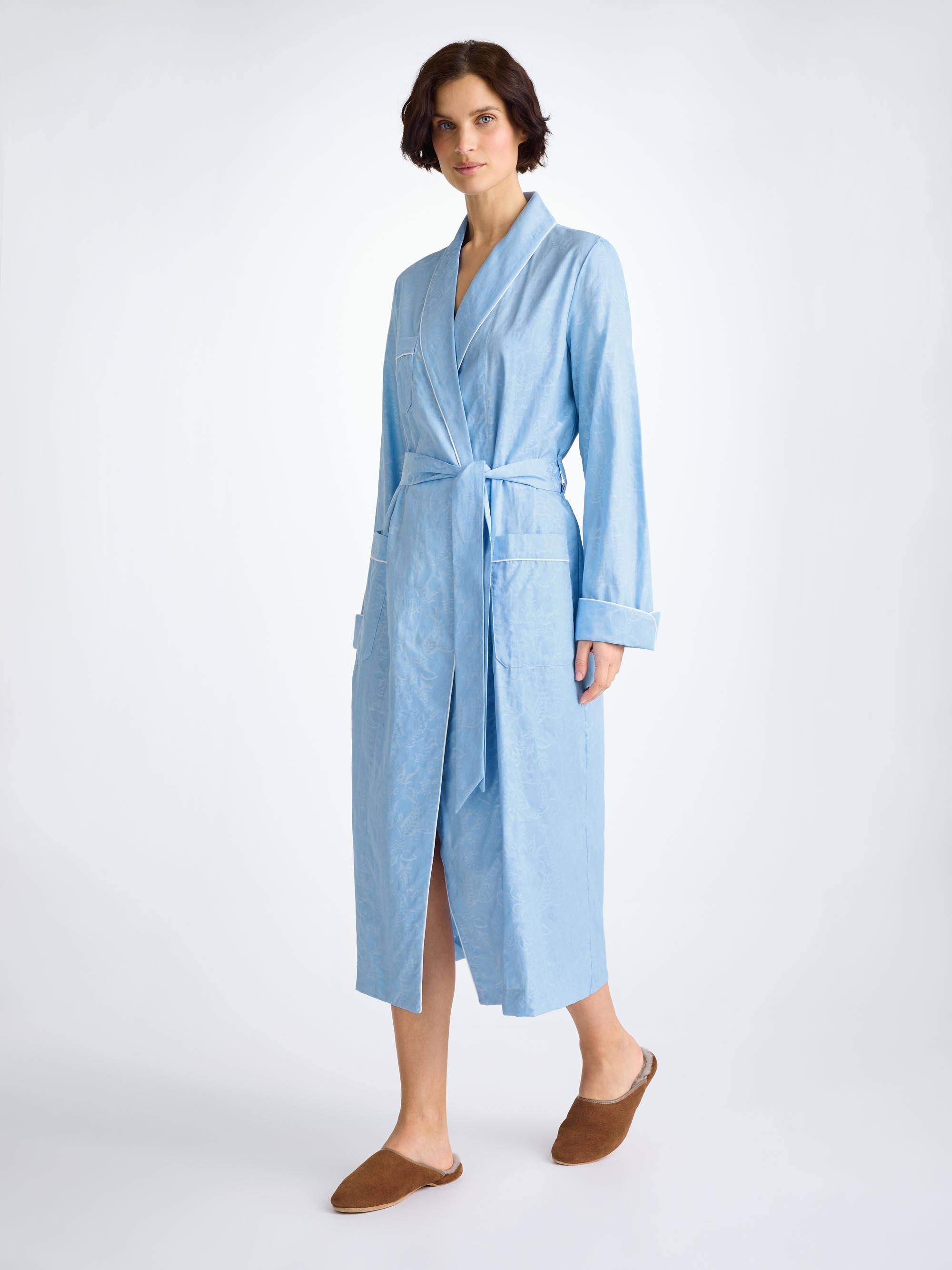 Women's Robe Cotton Jacquard Light Blue Jungle Paisley Pattern - 5