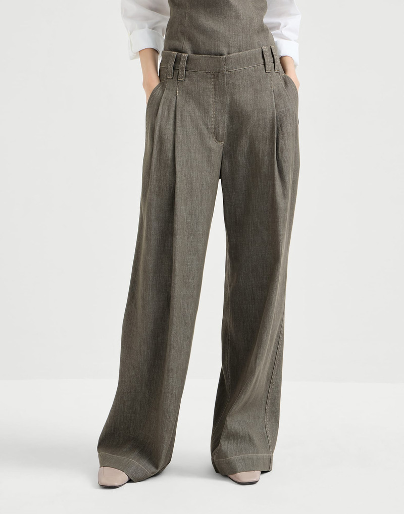 Brunello Cucinelli Denim-effect twill smart wide trousers with monili outlook