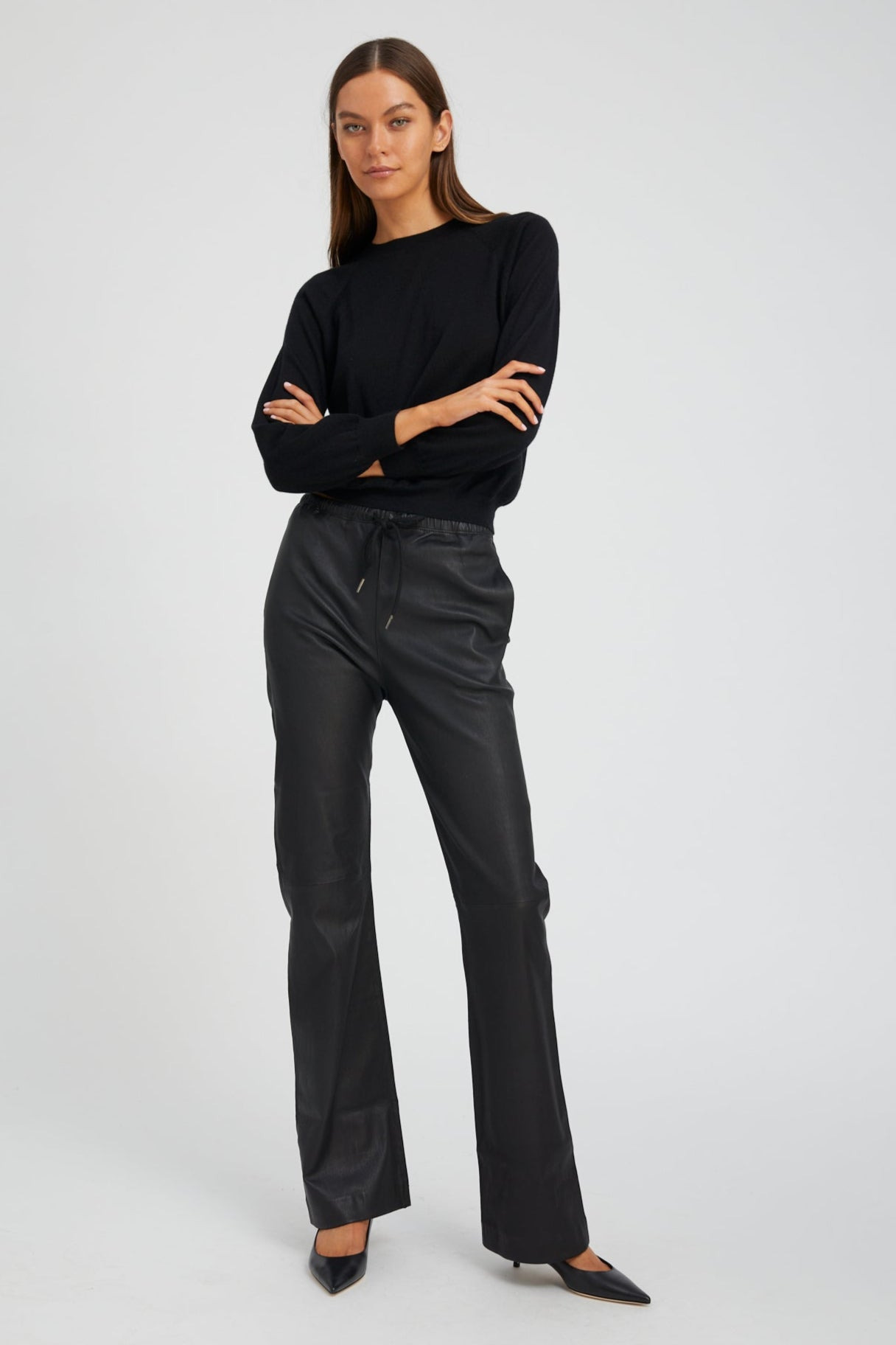 BLACK LEATHER STRAIGHT LEG PANTS - 2