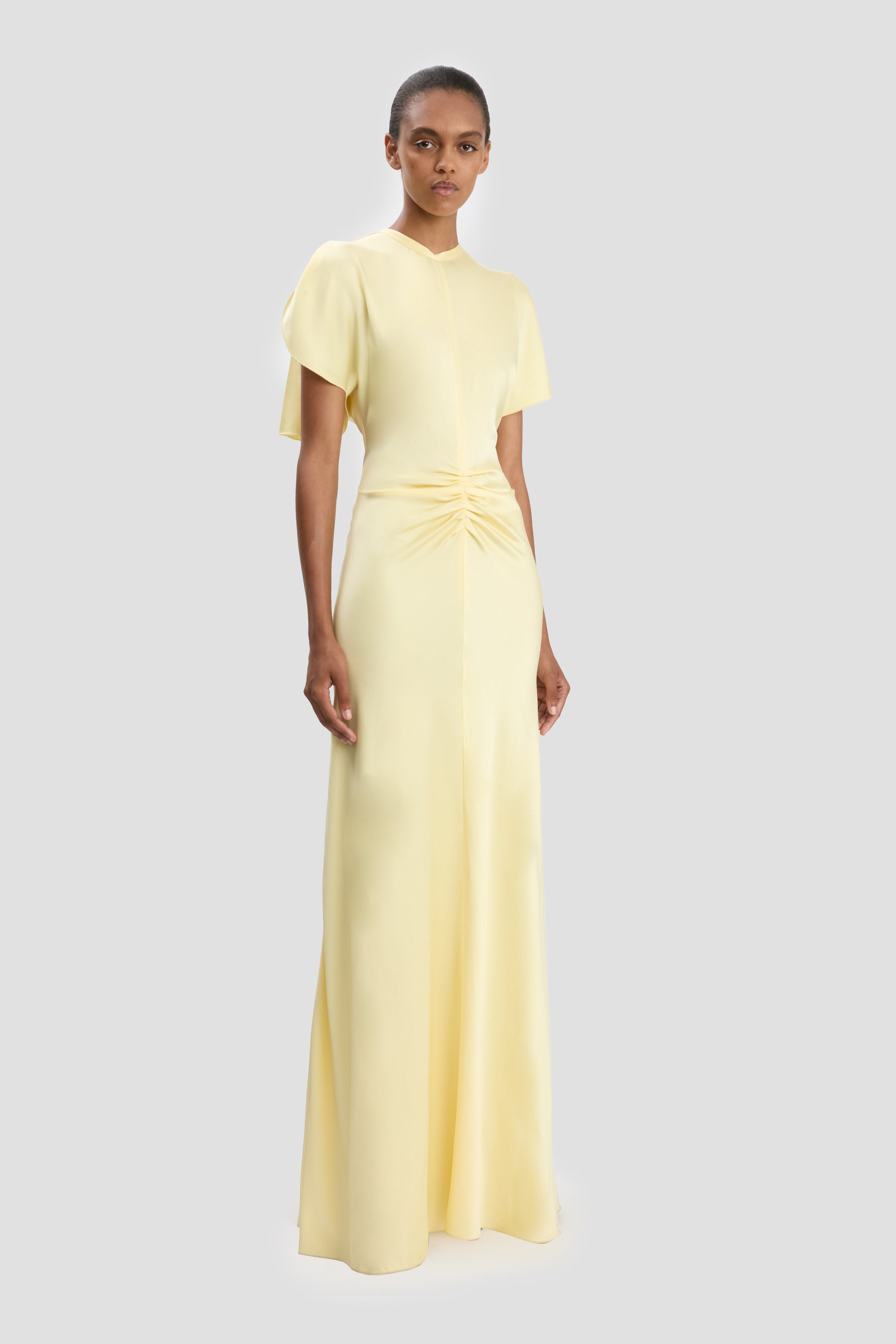 Gathered Waist Floor-Length Dress In Daffodil Yellow - 3