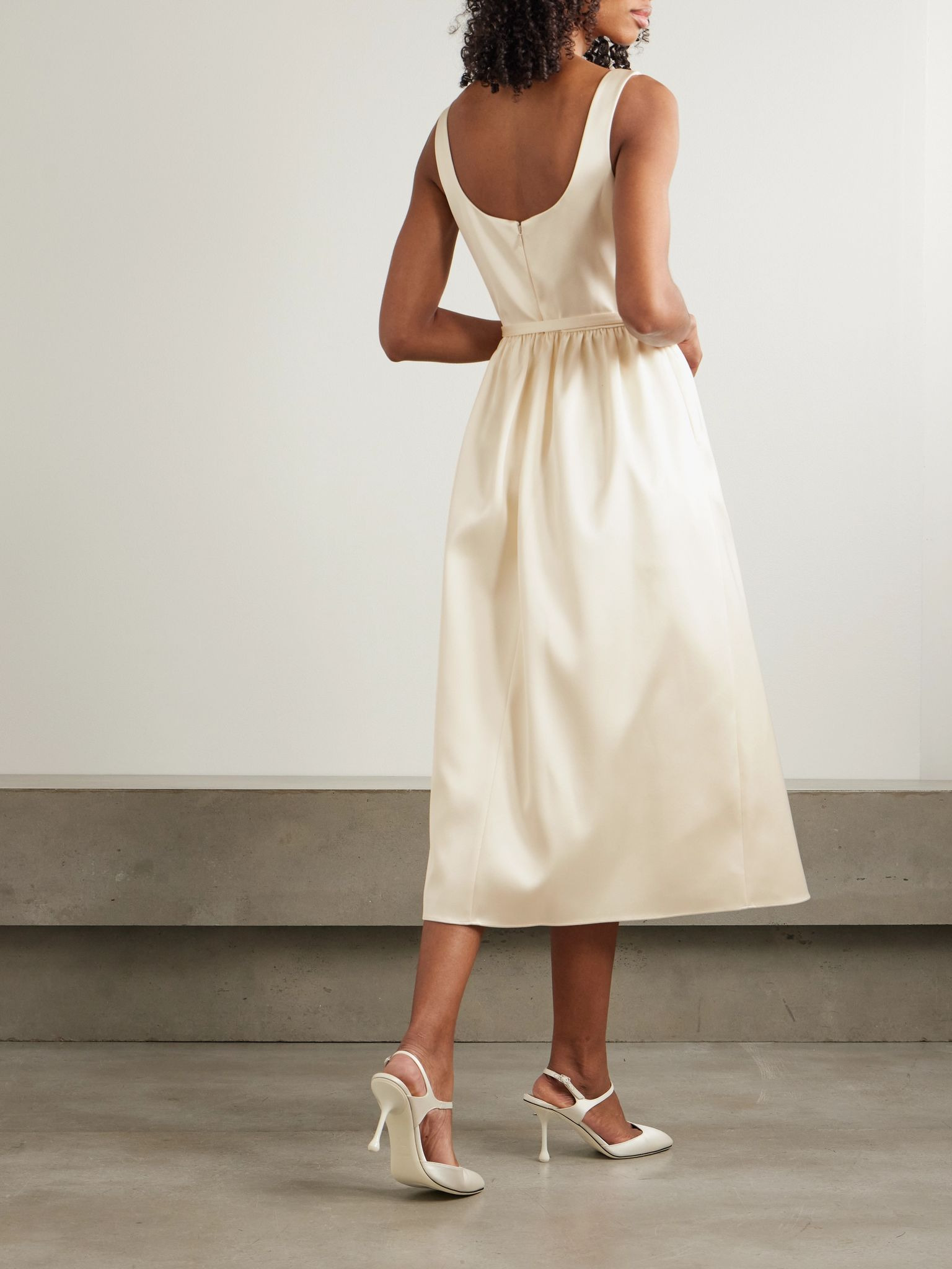 Appliquéd belted satin midi dress Cream - 3
