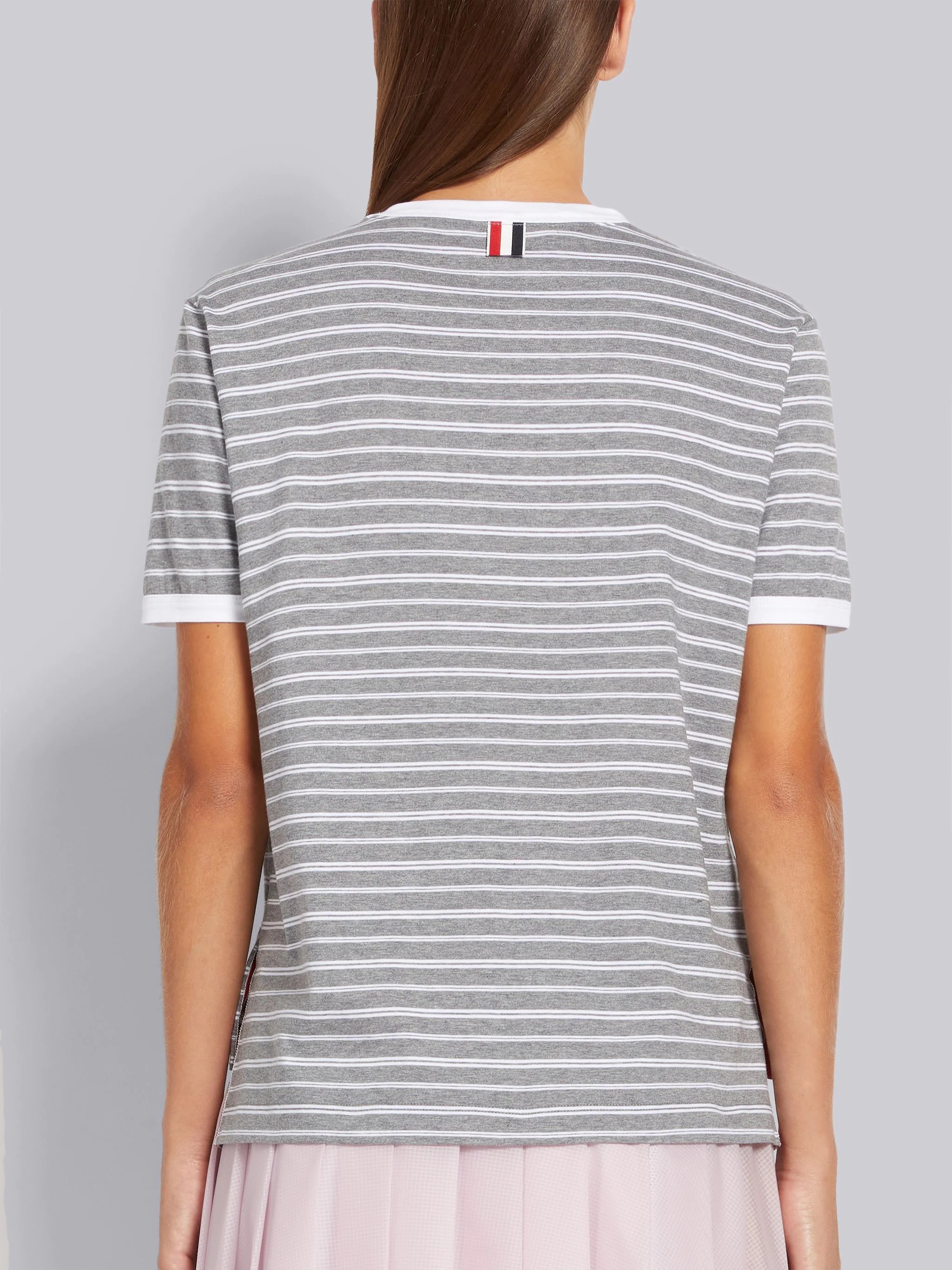 Medium Grey Organic Stripe Jersey Satin Stitch 3d Chest Flower Ringer Tee - 3