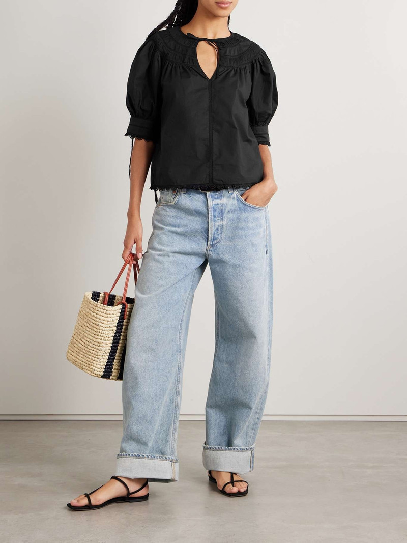 ULLA JOHNSON Dylan plissé-chiffon and lace-trimmed cotton-poplin blouse Black outlook