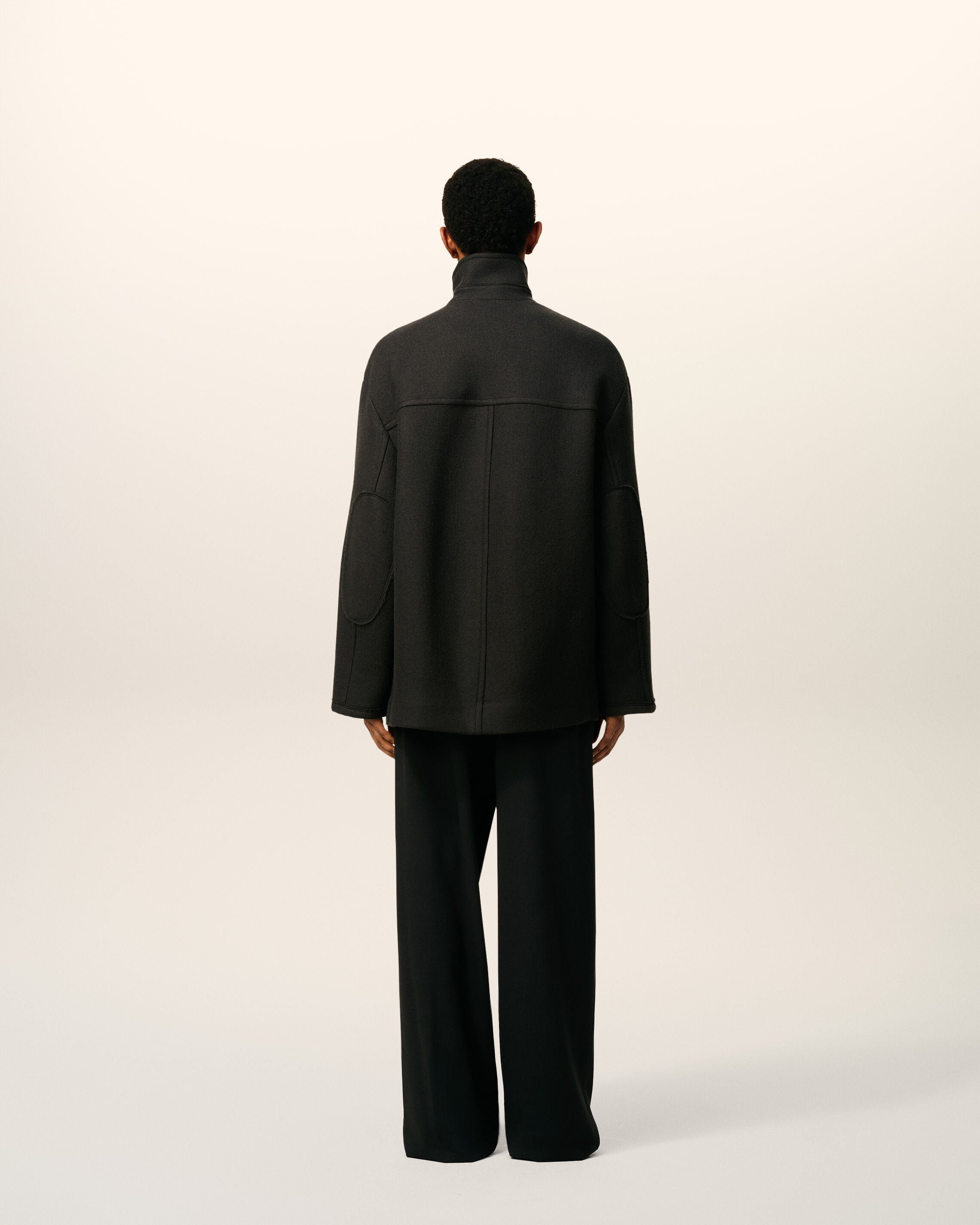 BLACK WOOL OVERSIZED HIGH COLLAR PEA COAT - 5