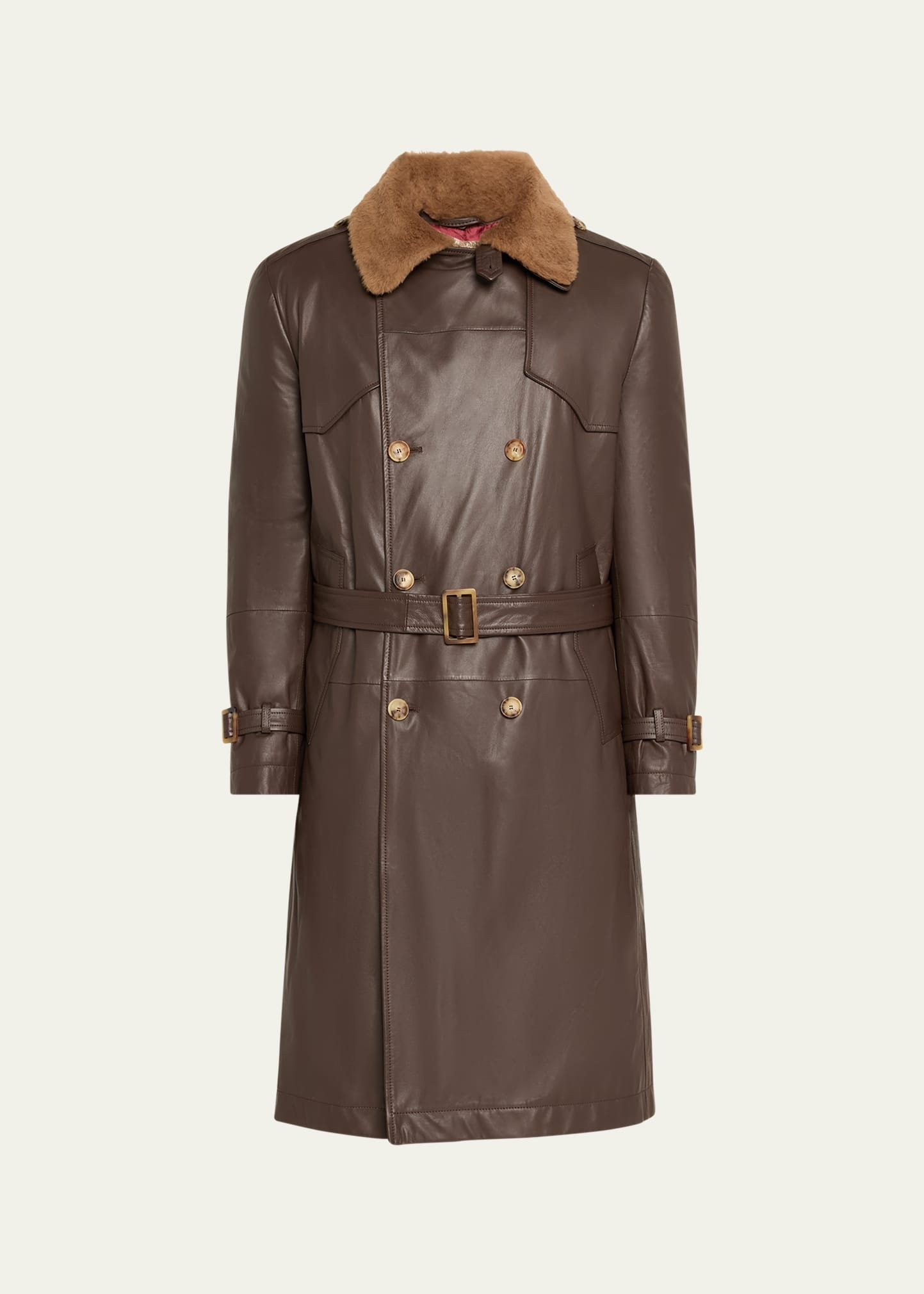 Brunello Cucinelli Men's Leather Shearling-Collar Trench