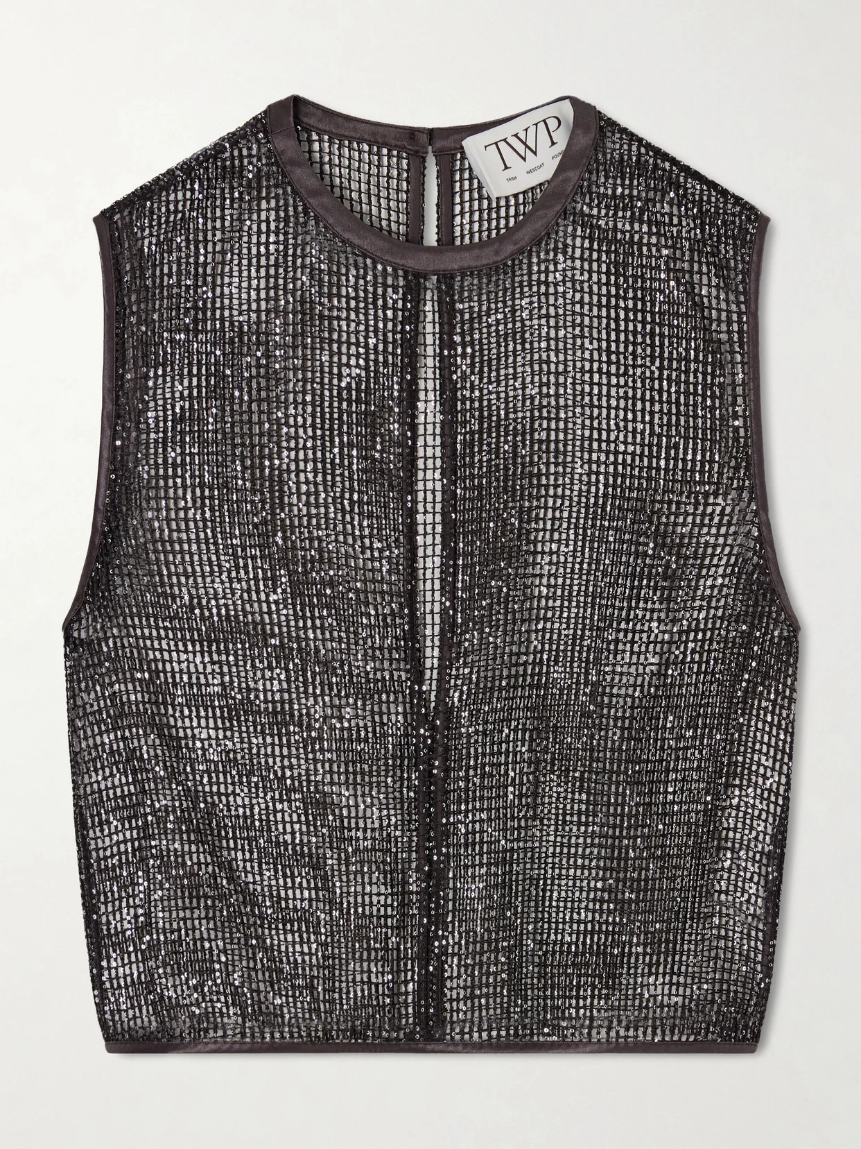 Cropped Sequin-embellished Fishnet Tank - 1